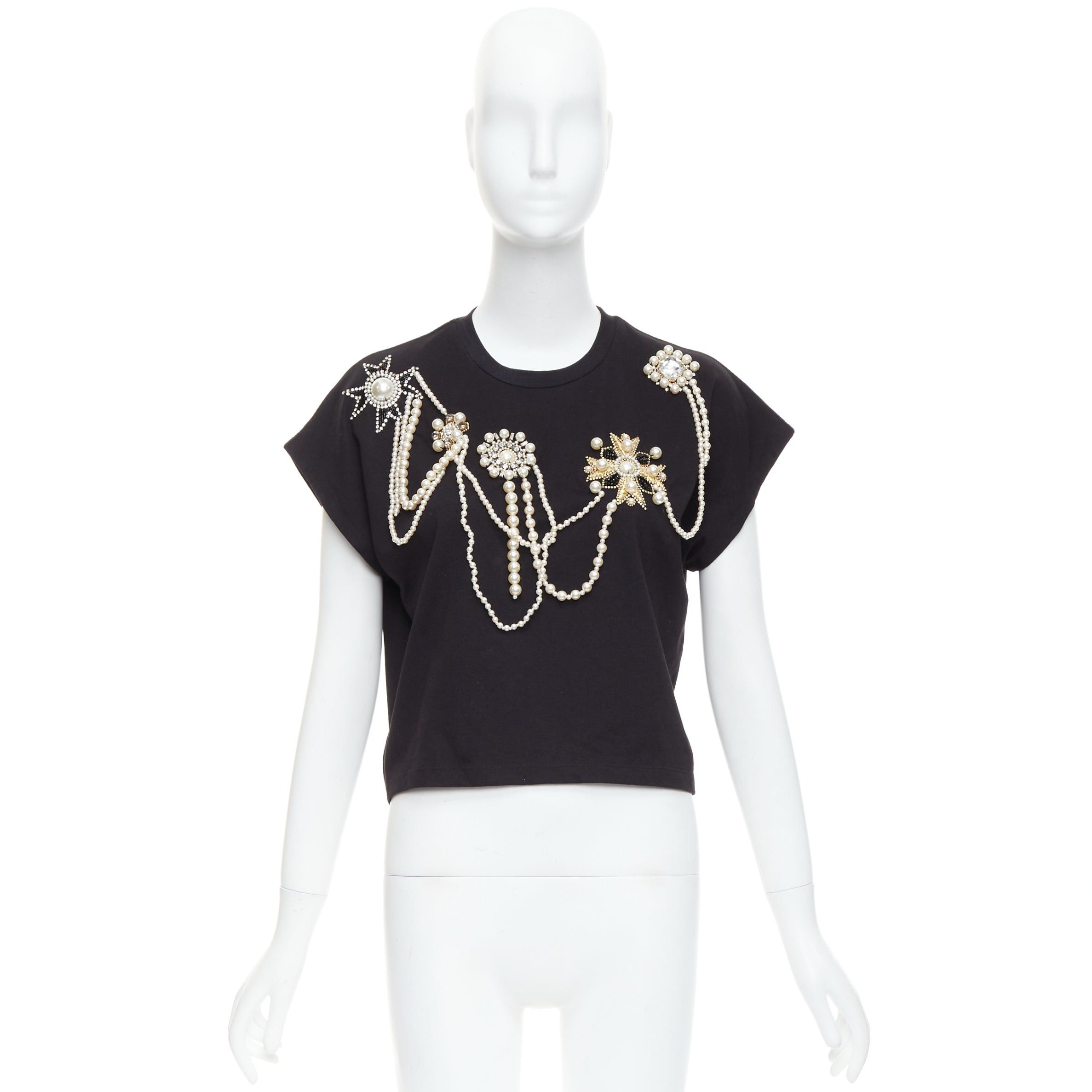 Balmain BALMAIN black cotton pearl bead embellished crop tshirt XS Size S / US 4 / IT 40 - 10 Thumbnail