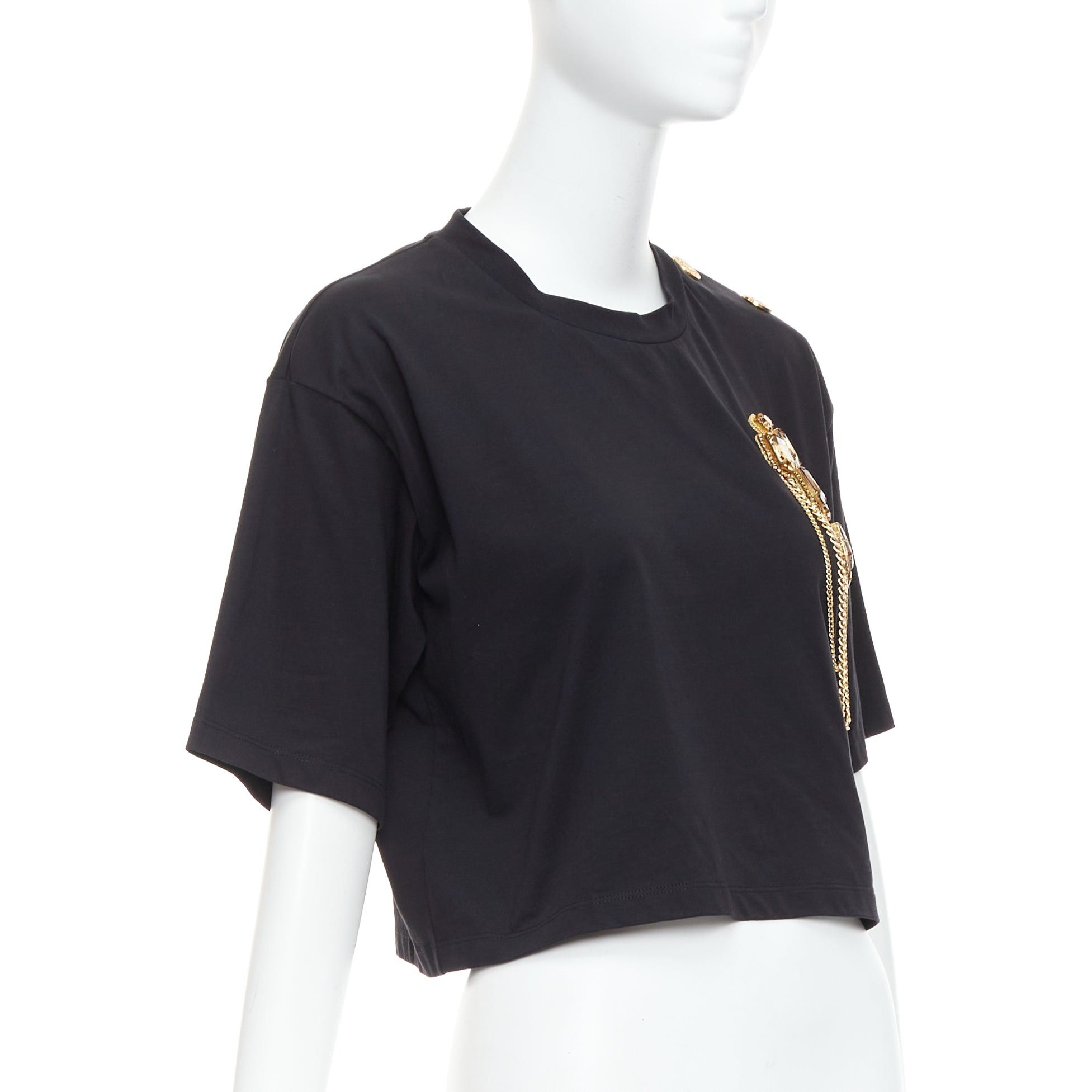 Balmain BALMAIN gold buttons chain embellished brooch black cotton crop tshirt XS Size S / US 4 / IT 40 - 3 Thumbnail
