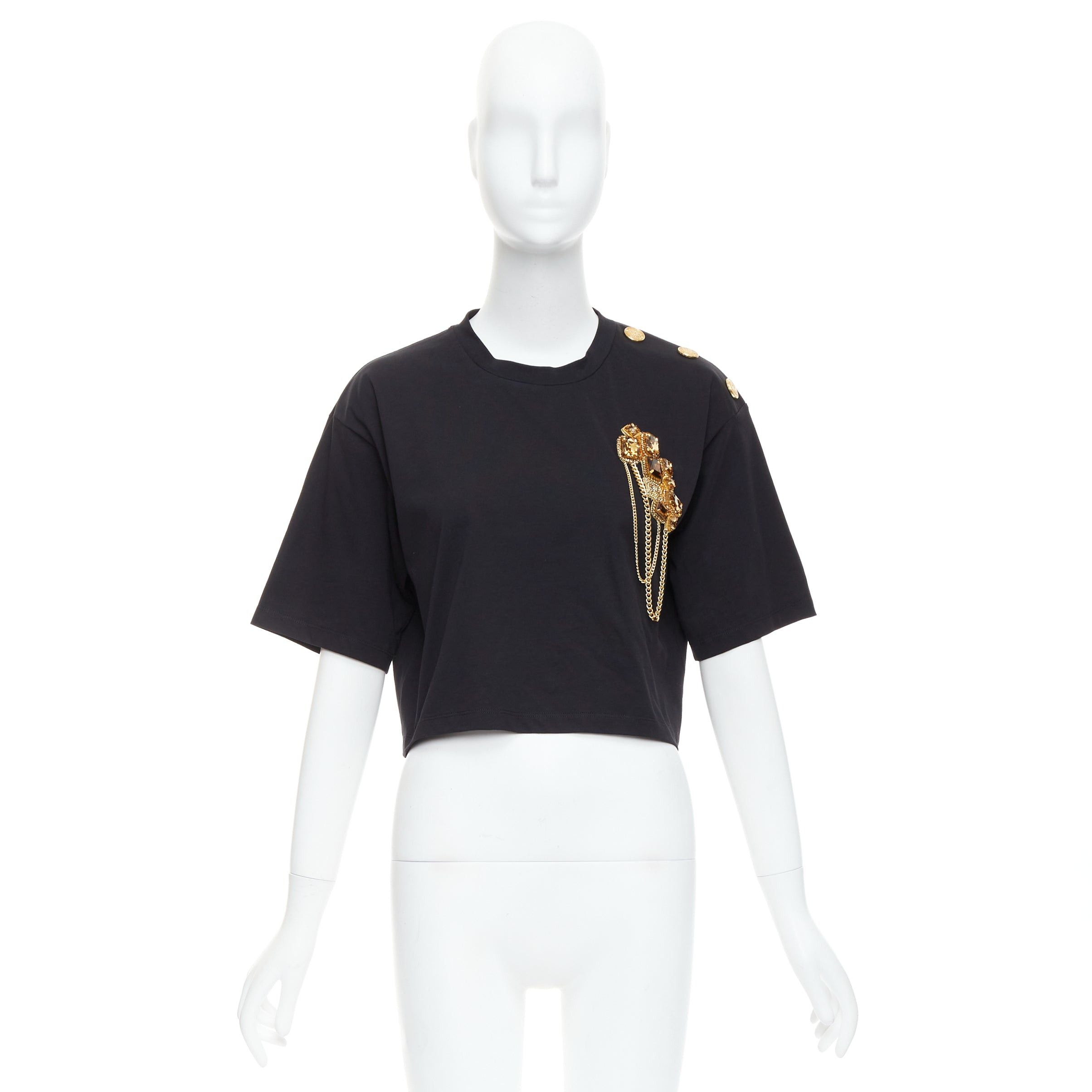 Balmain BALMAIN gold buttons chain embellished brooch black cotton crop tshirt XS Size S / US 4 / IT 40 - 9 Thumbnail