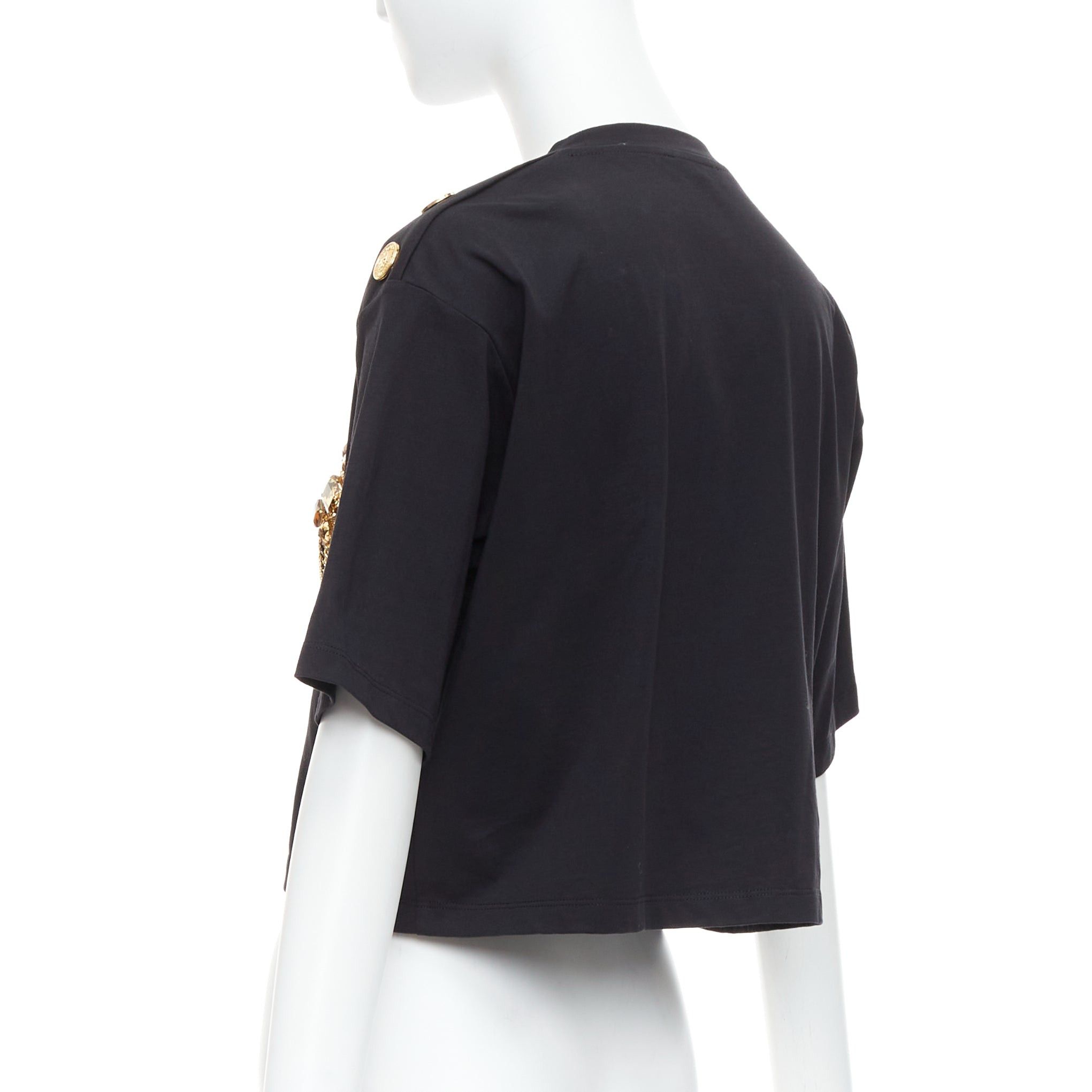 Balmain BALMAIN gold buttons chain embellished brooch black cotton crop tshirt XS Size S / US 4 / IT 40 - 6 Thumbnail