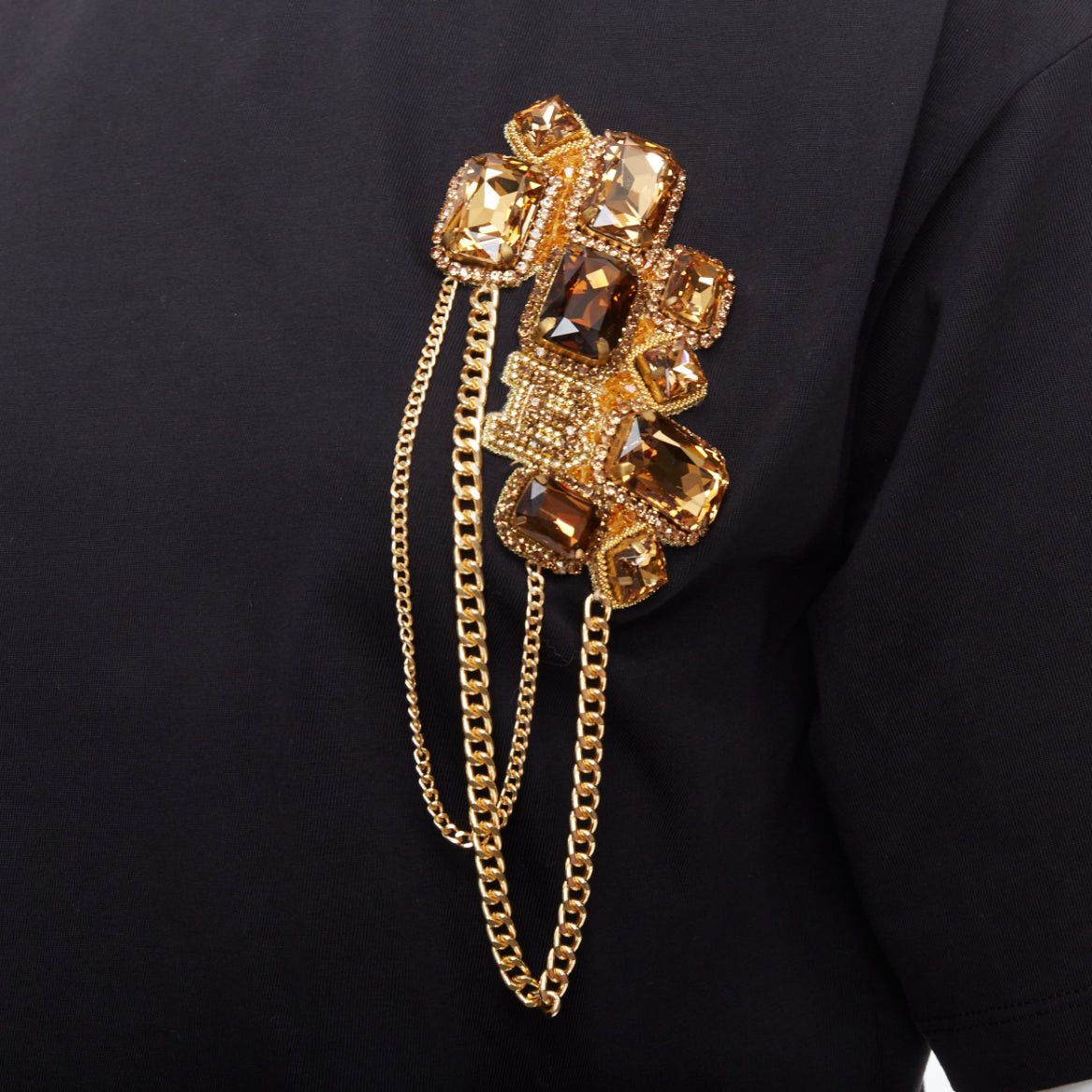 Balmain BALMAIN gold buttons chain embellished brooch black cotton crop tshirt XS Size S / US 4 / IT 40 - 2 Thumbnail