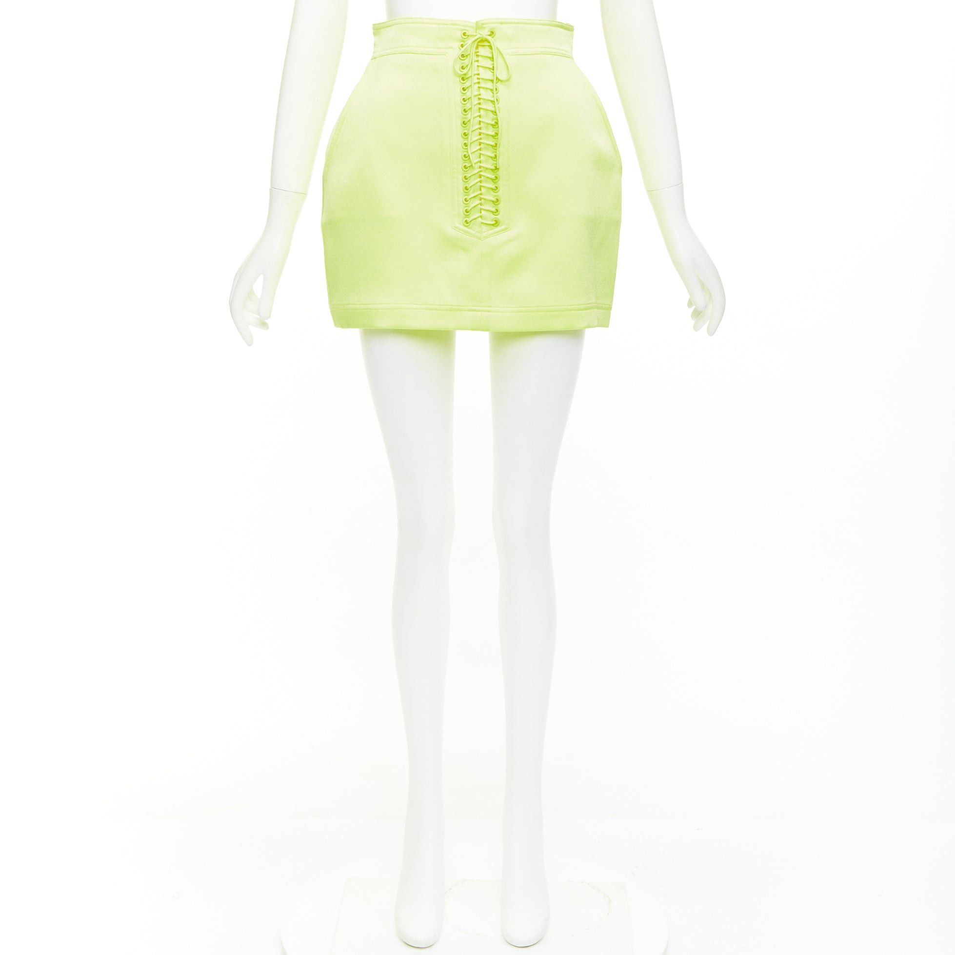 Alex Perry ALEX PERRY Spence neon yellow satin lace up rounded mini skirt UK6 XS Size 26" / US 2 / IT 38 - 9 Thumbnail
