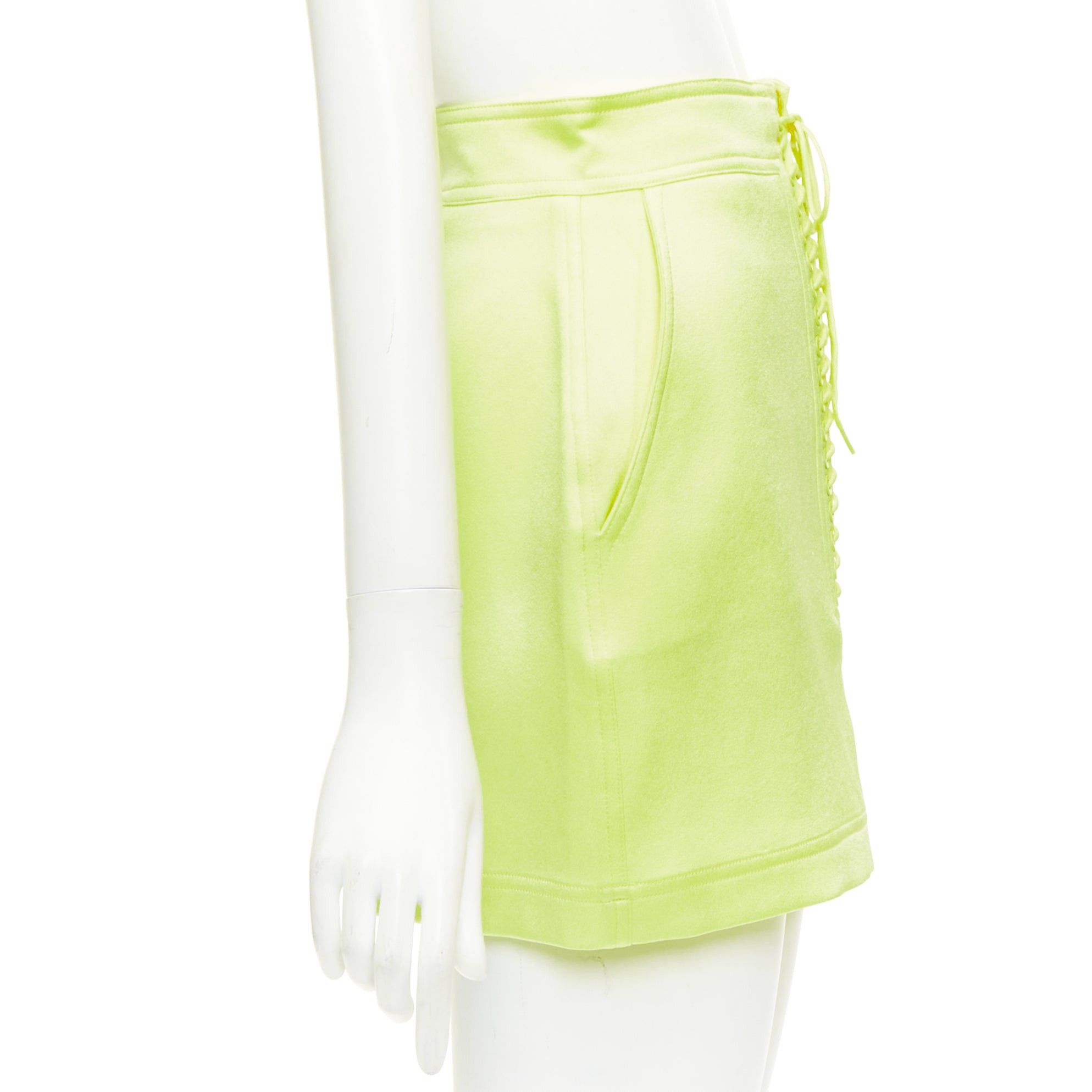 Alex Perry ALEX PERRY Spence neon yellow satin lace up rounded mini skirt UK6 XS Size 26" / US 2 / IT 38 - 4 Thumbnail