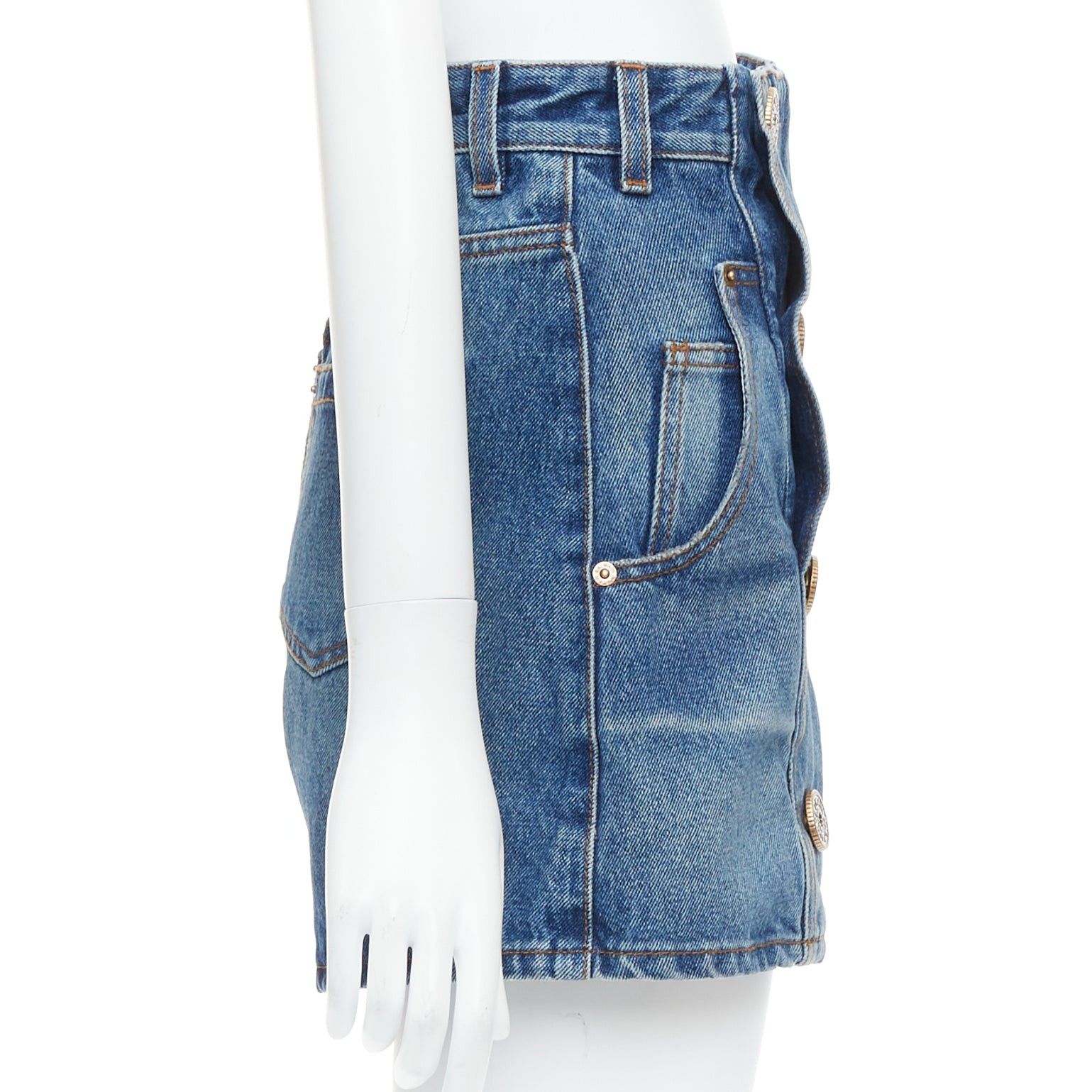 Balmain BALMAIN blue washed bronze coin button high waisted denim shorts FR36 S Size 27" / US 4 / IT 40 - 4 Thumbnail