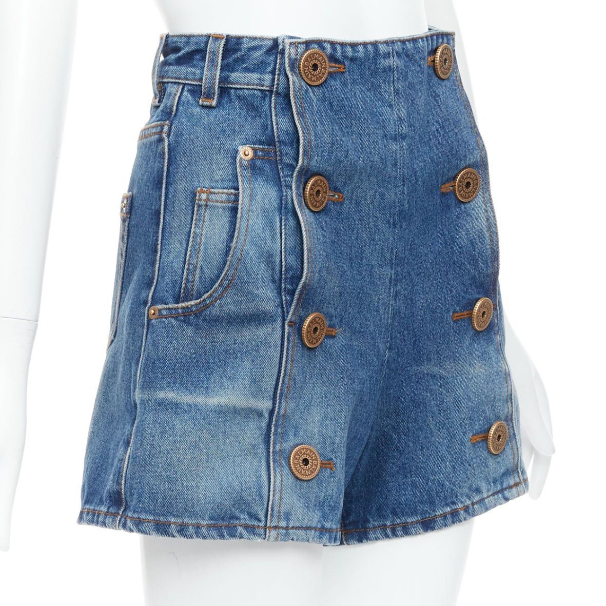 Balmain BALMAIN blue washed bronze coin button high waisted denim shorts FR36 S Size 27" / US 4 / IT 40 - 3 Thumbnail
