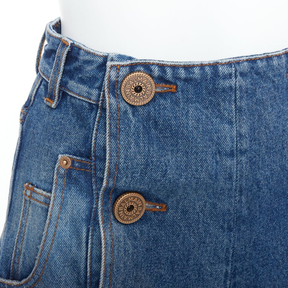 Balmain BALMAIN blue washed bronze coin button high waisted denim shorts FR36 S Size 27" / US 4 / IT 40 - 2 Thumbnail