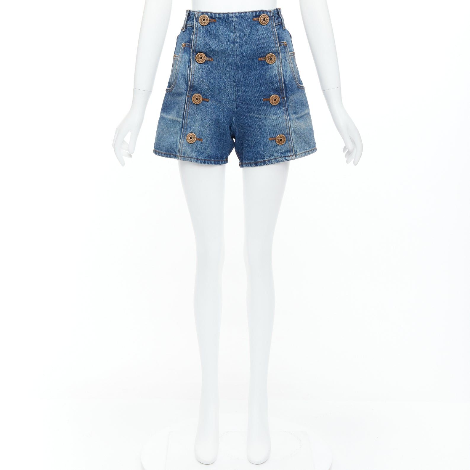 Balmain BALMAIN blue washed bronze coin button high waisted denim shorts FR36 S Size 27" / US 4 / IT 40 - 9 Thumbnail