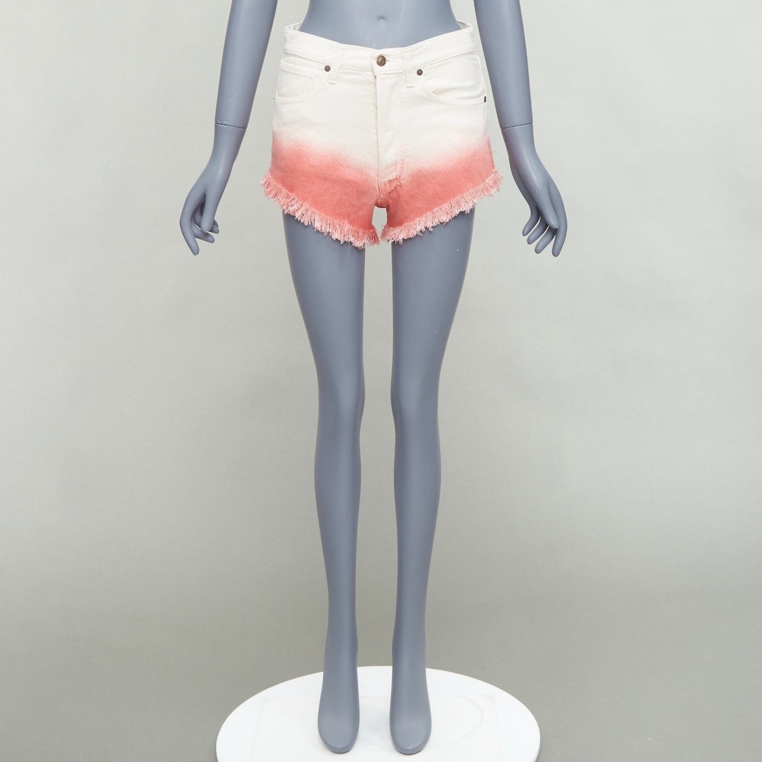 Alanui ALANUI 2024 Papaya pink ombre dip dye cream frayed denim shorts 25" Size 25" / US 0 / IT 36 - 9 Thumbnail