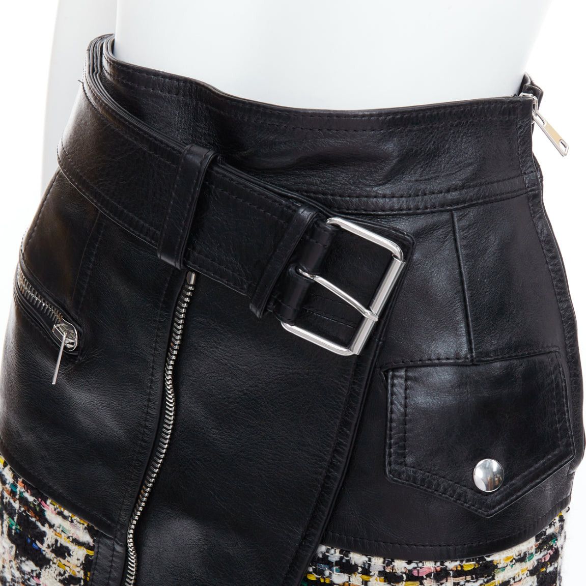 Alexander McQueen ALEXANDER MCQUEEN 2023 Hybrid leather tweed deconstructed biker skirt IT36 XXS Size 25" / US 0 / IT 36 - 2 Thumbnail