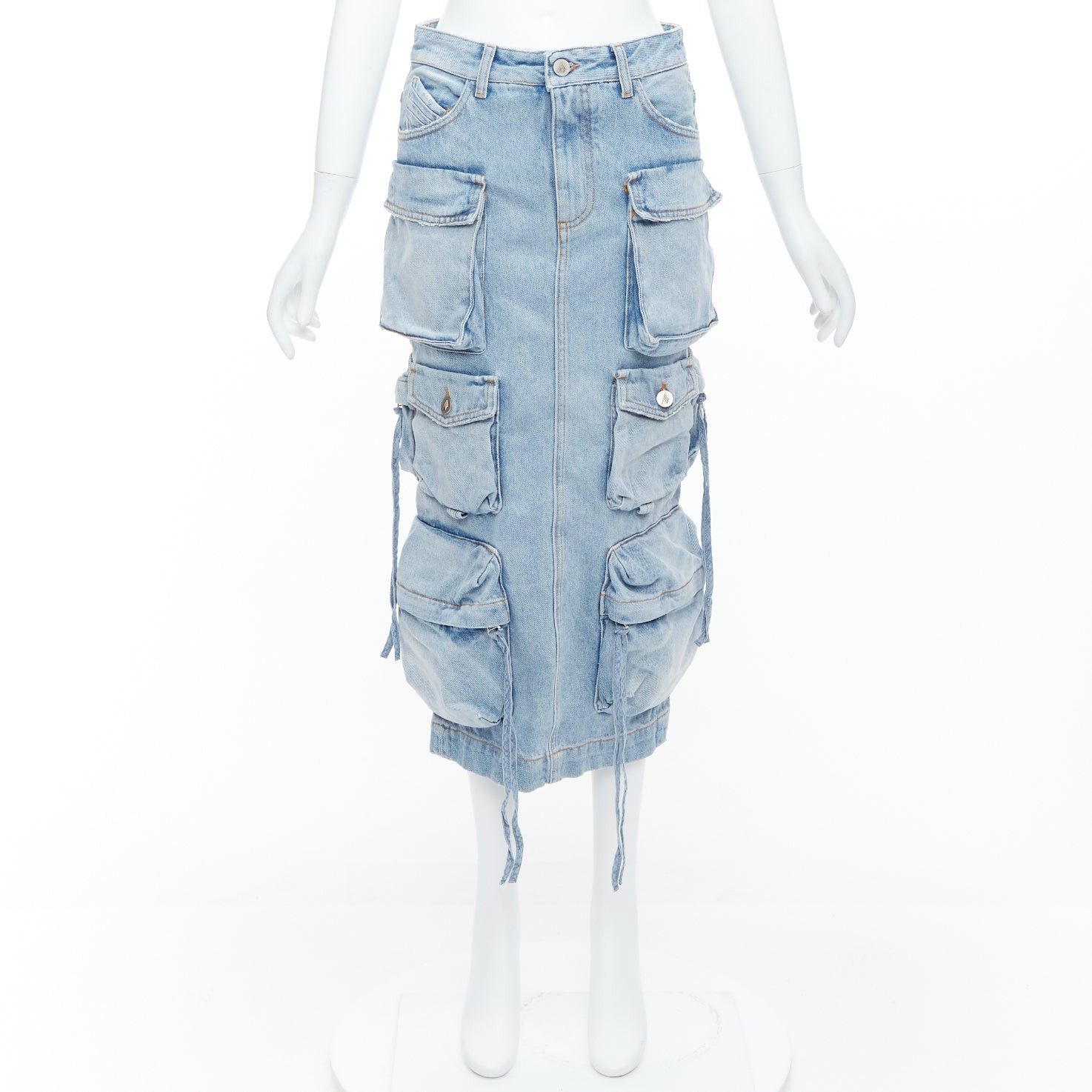 The Attico THE ATTICO blue washed denim multi pocket cargo midi skirt 24" Size 24" / US 00 / IT 34 - 9 Thumbnail