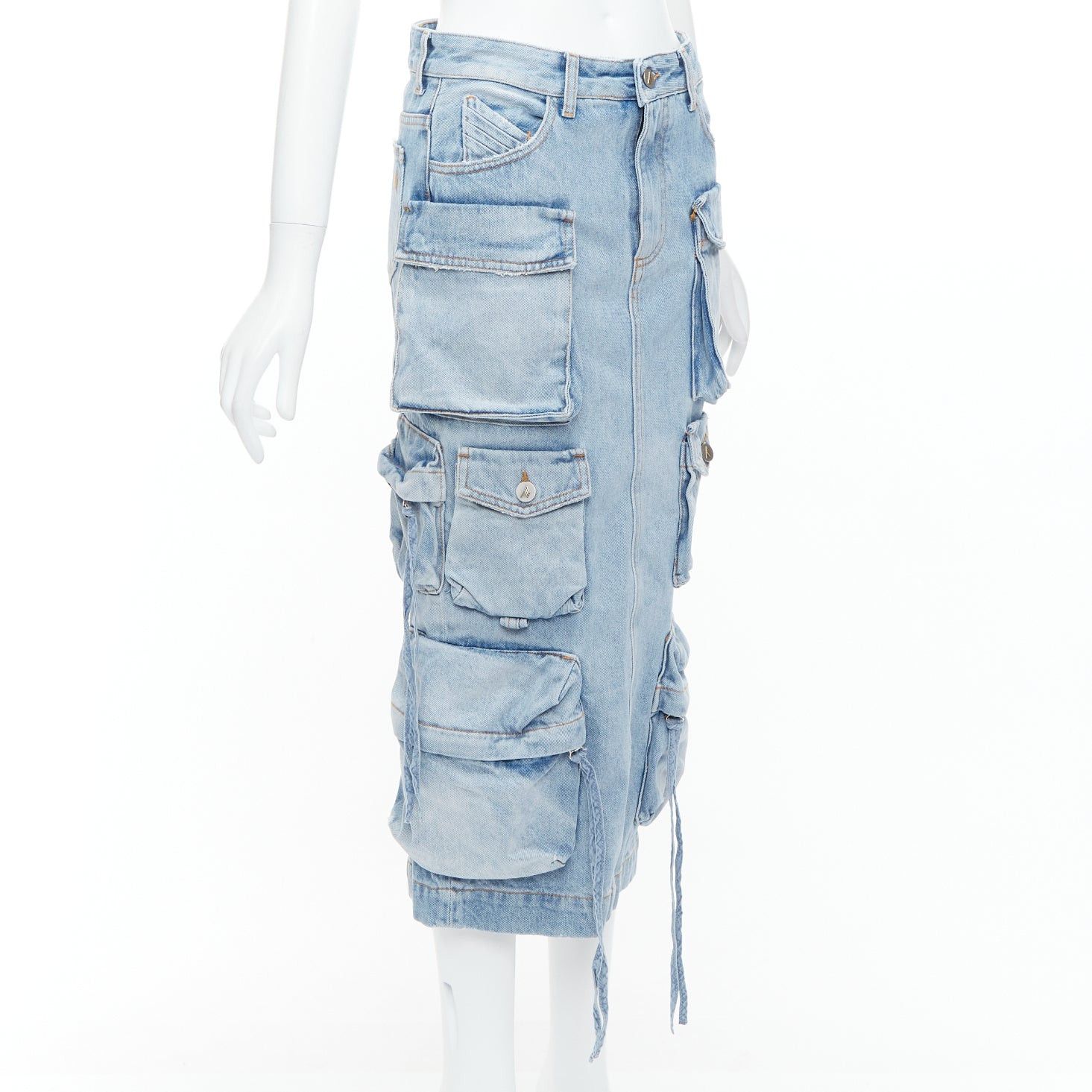 The Attico THE ATTICO blue washed denim multi pocket cargo midi skirt 24" Size 24" / US 00 / IT 34 - 3 Thumbnail