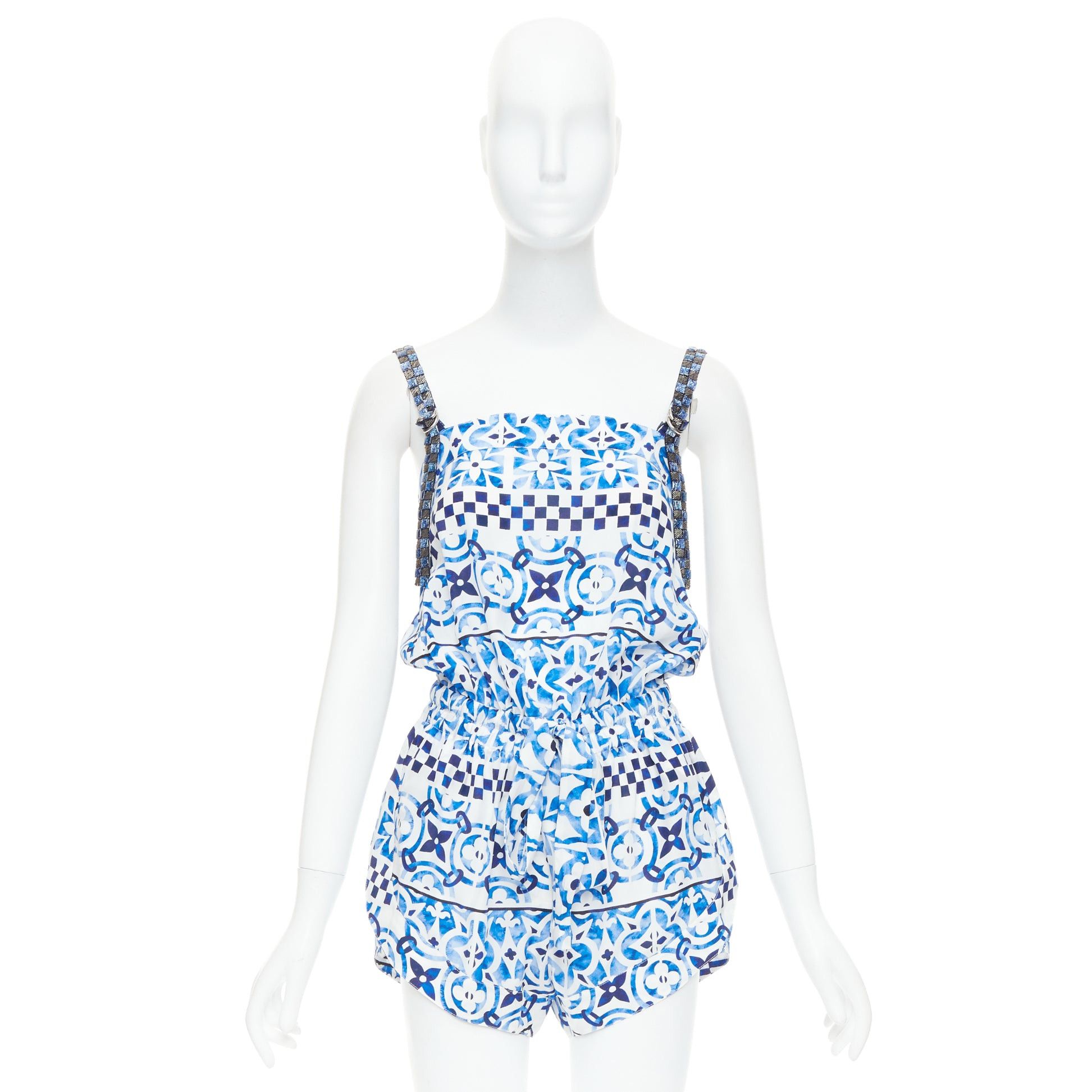 Louis Vuitton LOUIS VUITTON Monogram Tile 100% silk white blue majolica beaded strap playsuit FR34 XS Size 26" / US 2 / IT 38 - 9 Thumbnail