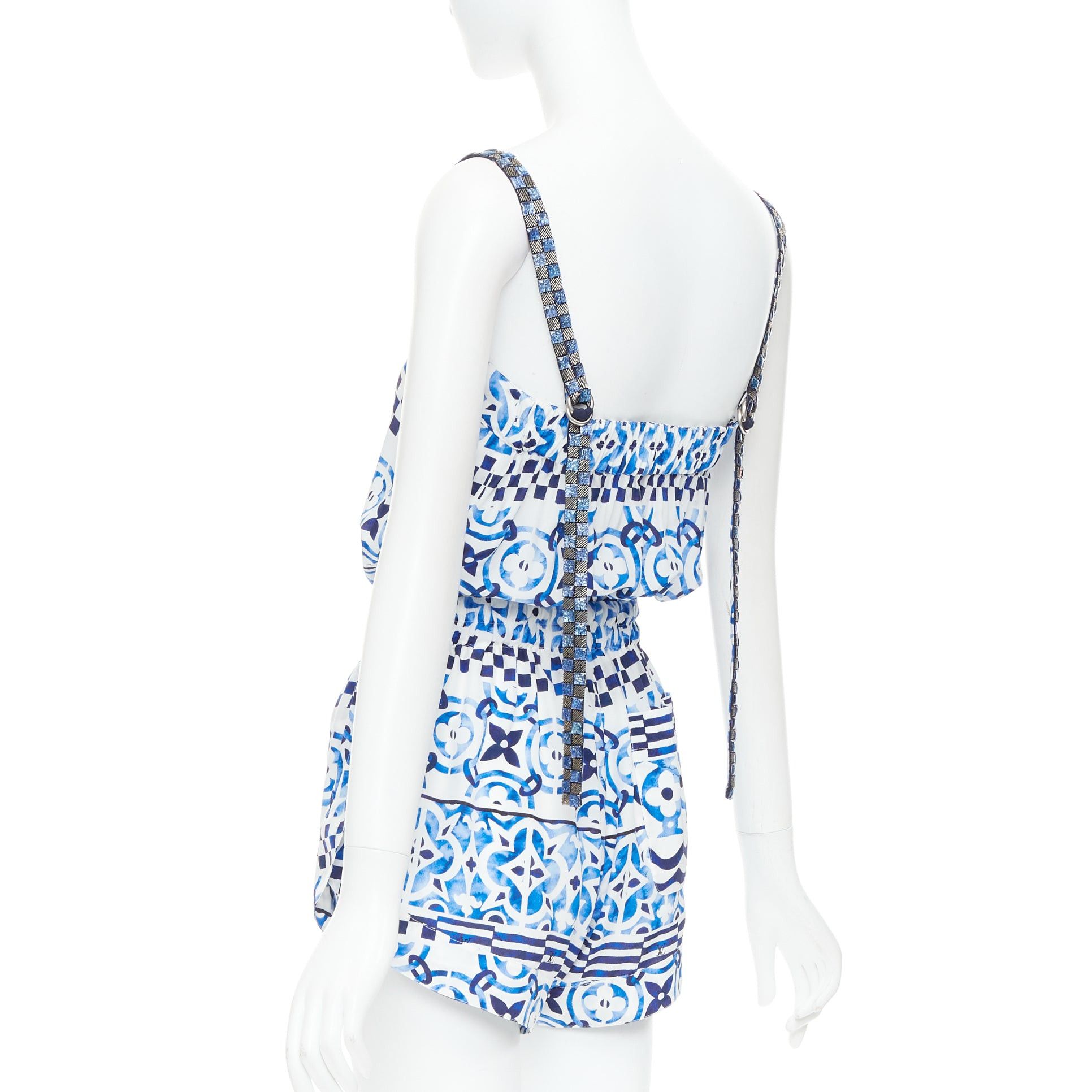 Louis Vuitton LOUIS VUITTON Monogram Tile 100% silk white blue majolica beaded strap playsuit FR34 XS Size 26" / US 2 / IT 38 - 6 Thumbnail