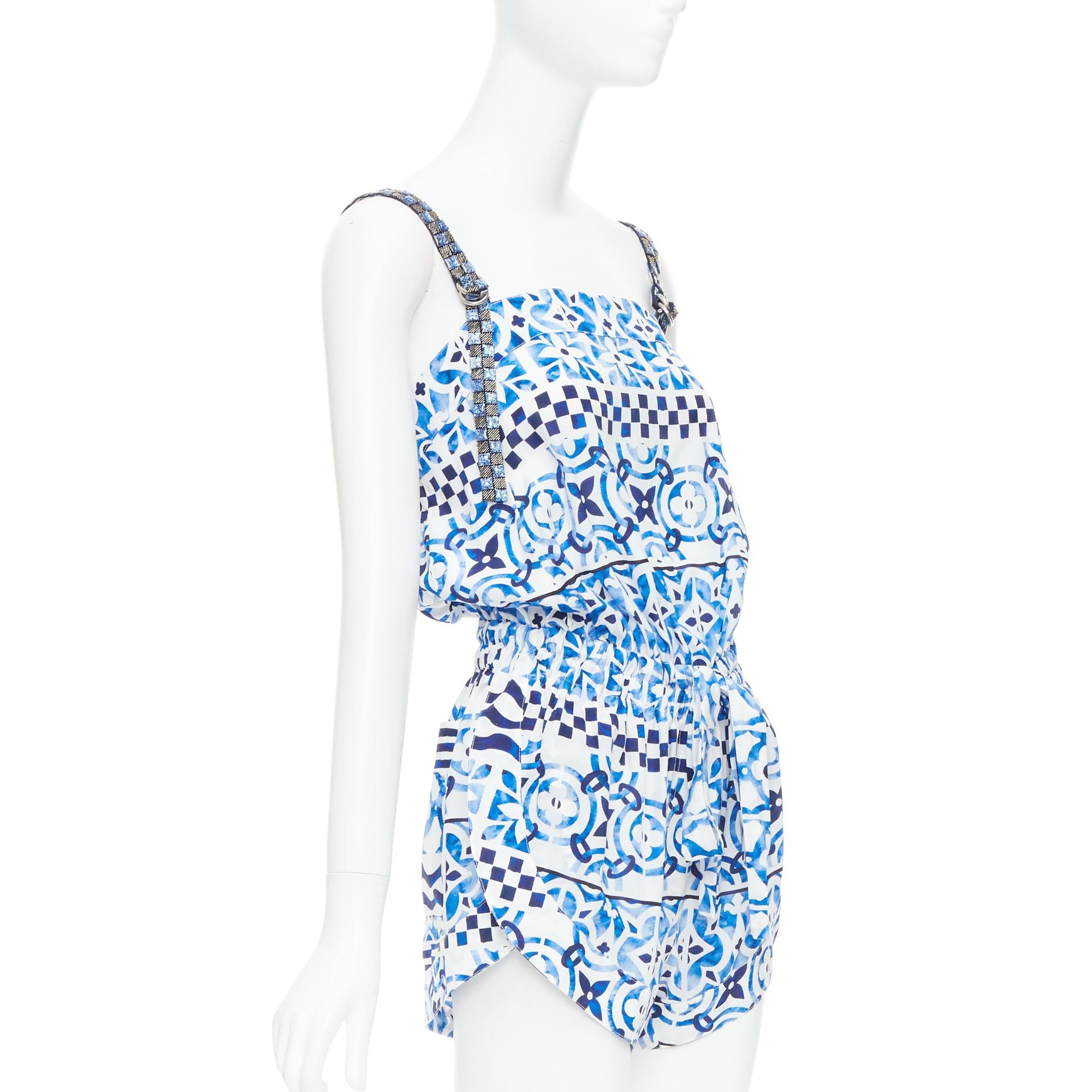 Louis Vuitton LOUIS VUITTON Monogram Tile 100% silk white blue majolica beaded strap playsuit FR34 XS Size 26" / US 2 / IT 38 - 3 Thumbnail