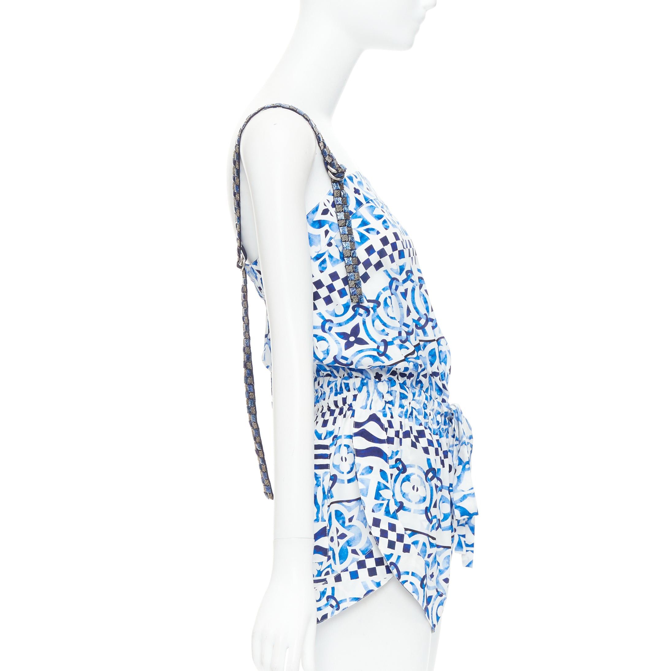 Louis Vuitton LOUIS VUITTON Monogram Tile 100% silk white blue majolica beaded strap playsuit FR34 XS Size 26" / US 2 / IT 38 - 4 Thumbnail