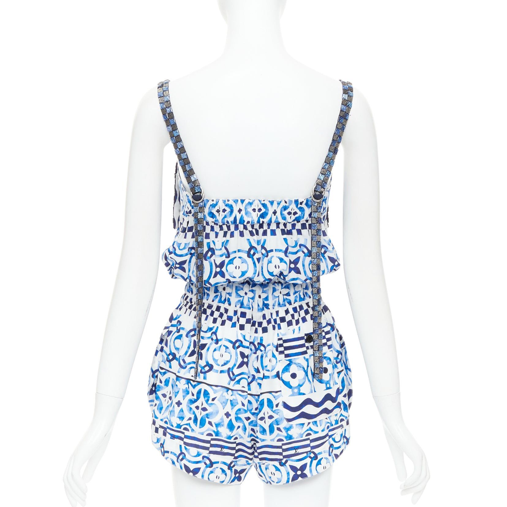 Louis Vuitton LOUIS VUITTON Monogram Tile 100% silk white blue majolica beaded strap playsuit FR34 XS Size 26" / US 2 / IT 38 - 5 Thumbnail