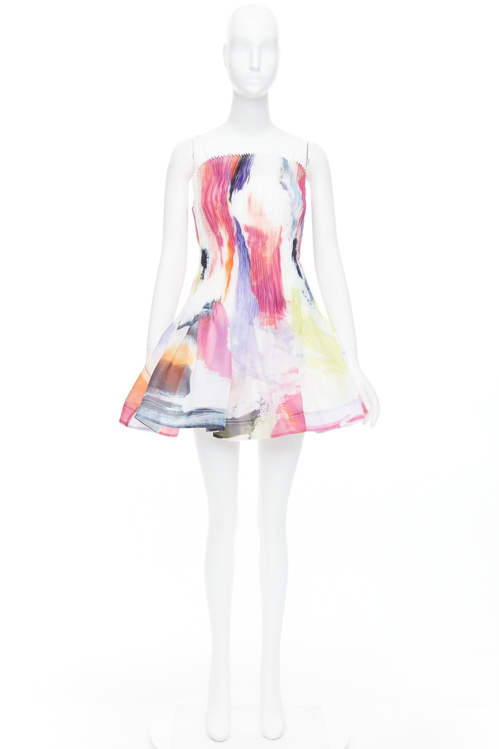 Aje AJE Celestial white multicolor abstract paint print pleated mini dress UK4 XXS Size S / US 4 / IT 40 - 9 Thumbnail