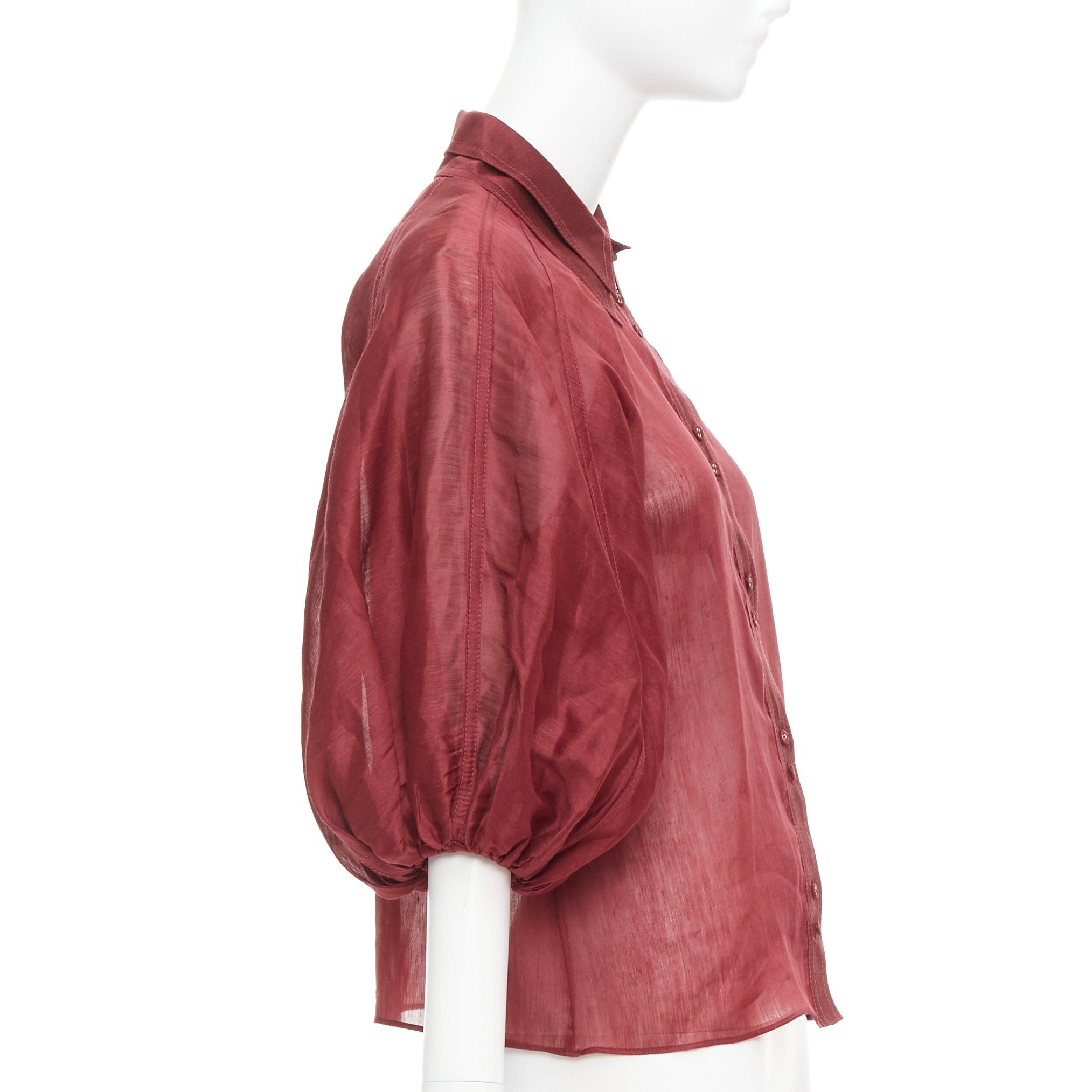 Aje AJE Palms burgundy silk linen puff sleeve raglan multi buttons shirt UK6 XS Size XS / US 0-2 / IT 36-38 - 4 Thumbnail