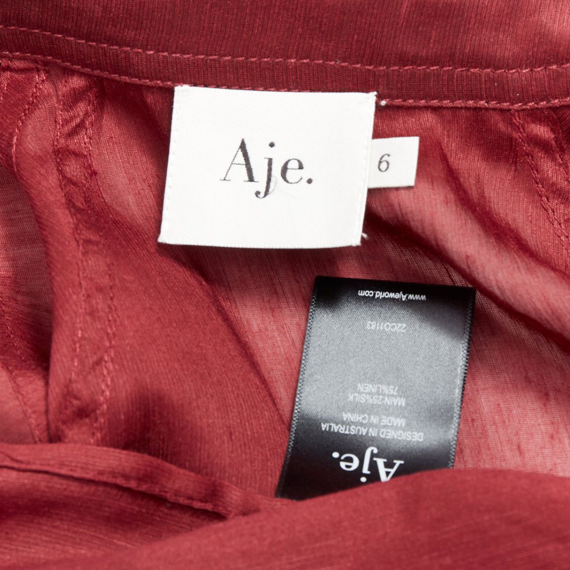 Aje AJE Palms burgundy silk linen puff sleeve raglan multi buttons shirt UK6 XS Size XS / US 0-2 / IT 36-38 - 8 Thumbnail