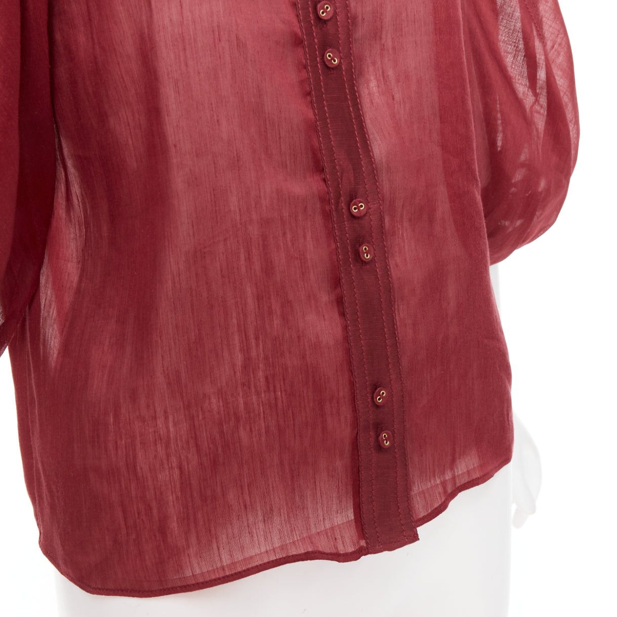 Aje AJE Palms burgundy silk linen puff sleeve raglan multi buttons shirt UK6 XS Size XS / US 0-2 / IT 36-38 - 7 Thumbnail