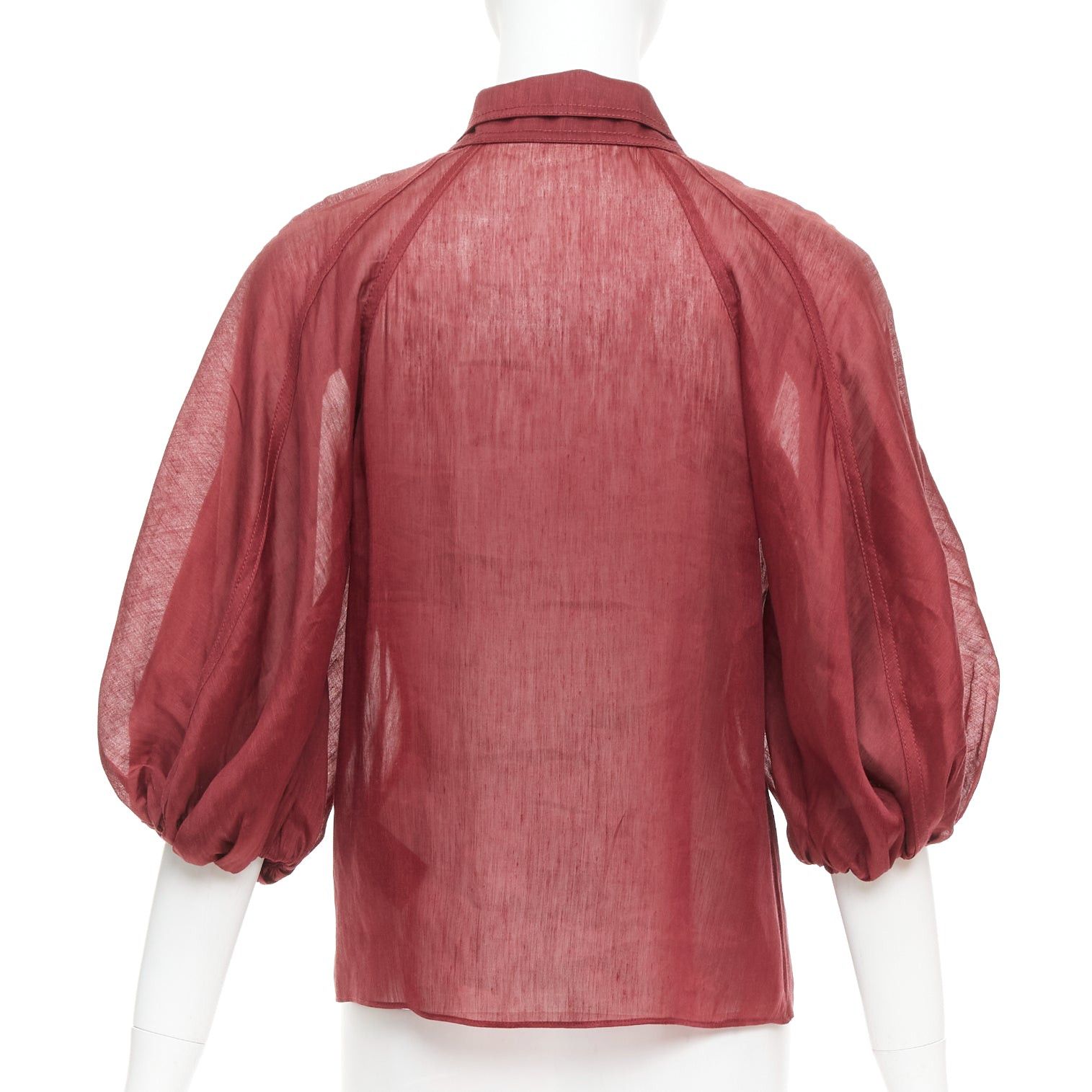 Aje AJE Palms burgundy silk linen puff sleeve raglan multi buttons shirt UK6 XS Size XS / US 0-2 / IT 36-38 - 5 Thumbnail