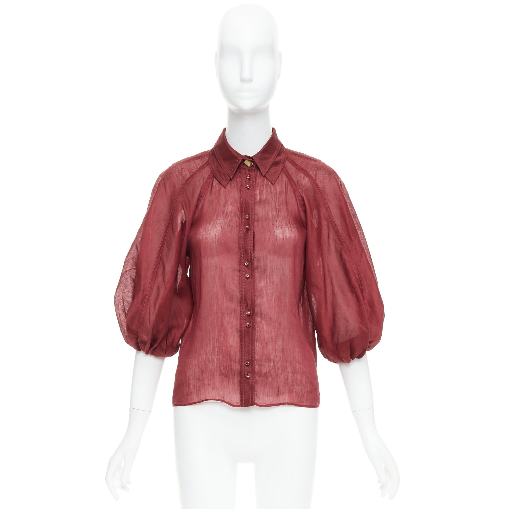 Aje AJE Palms burgundy silk linen puff sleeve raglan multi buttons shirt UK6 XS Size XS / US 0-2 / IT 36-38 - 9 Thumbnail