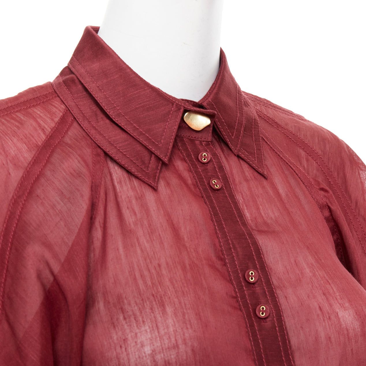 Aje AJE Palms burgundy silk linen puff sleeve raglan multi buttons shirt UK6 XS Size XS / US 0-2 / IT 36-38 - 2 Thumbnail
