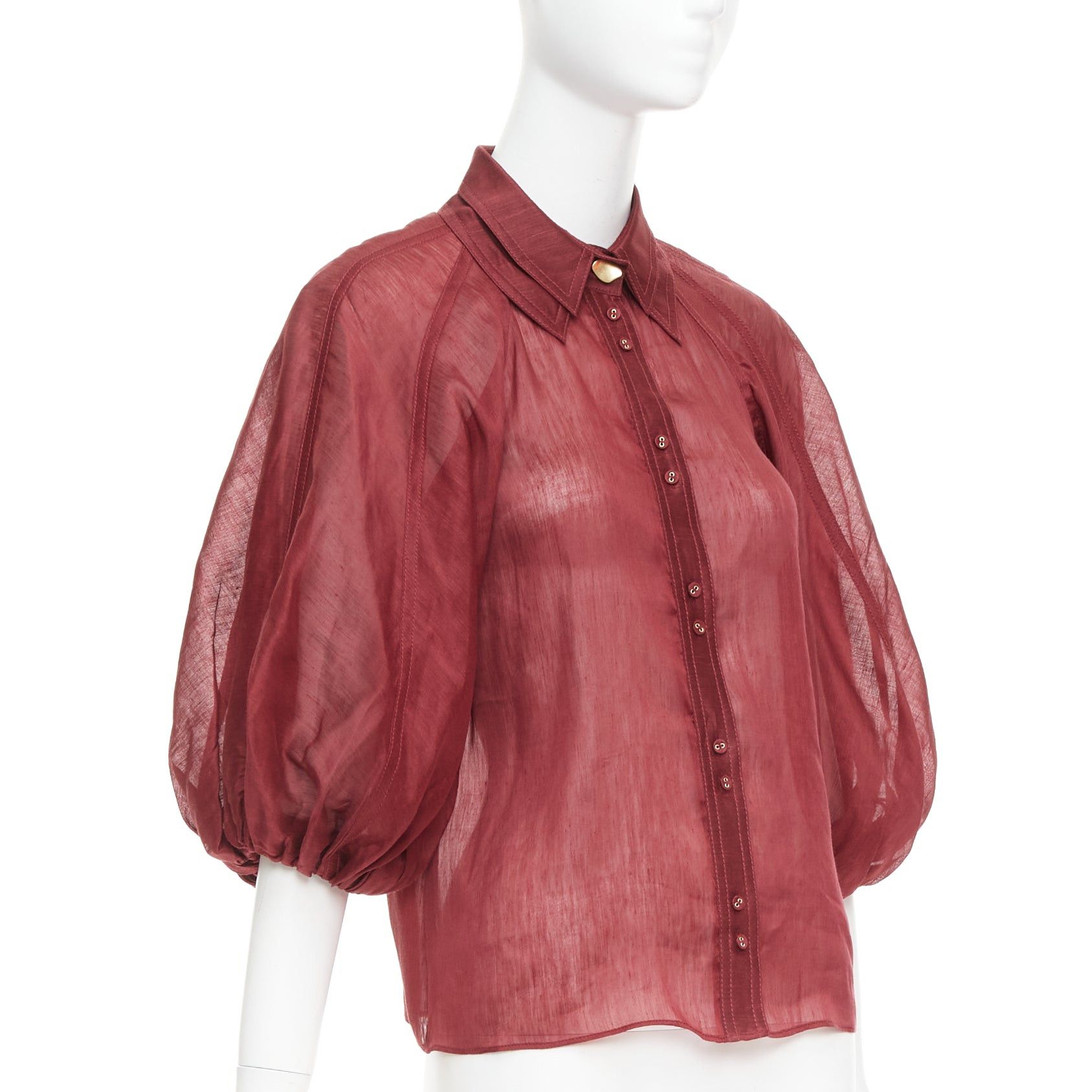 Aje AJE Palms burgundy silk linen puff sleeve raglan multi buttons shirt UK6 XS Size XS / US 0-2 / IT 36-38 - 3 Thumbnail