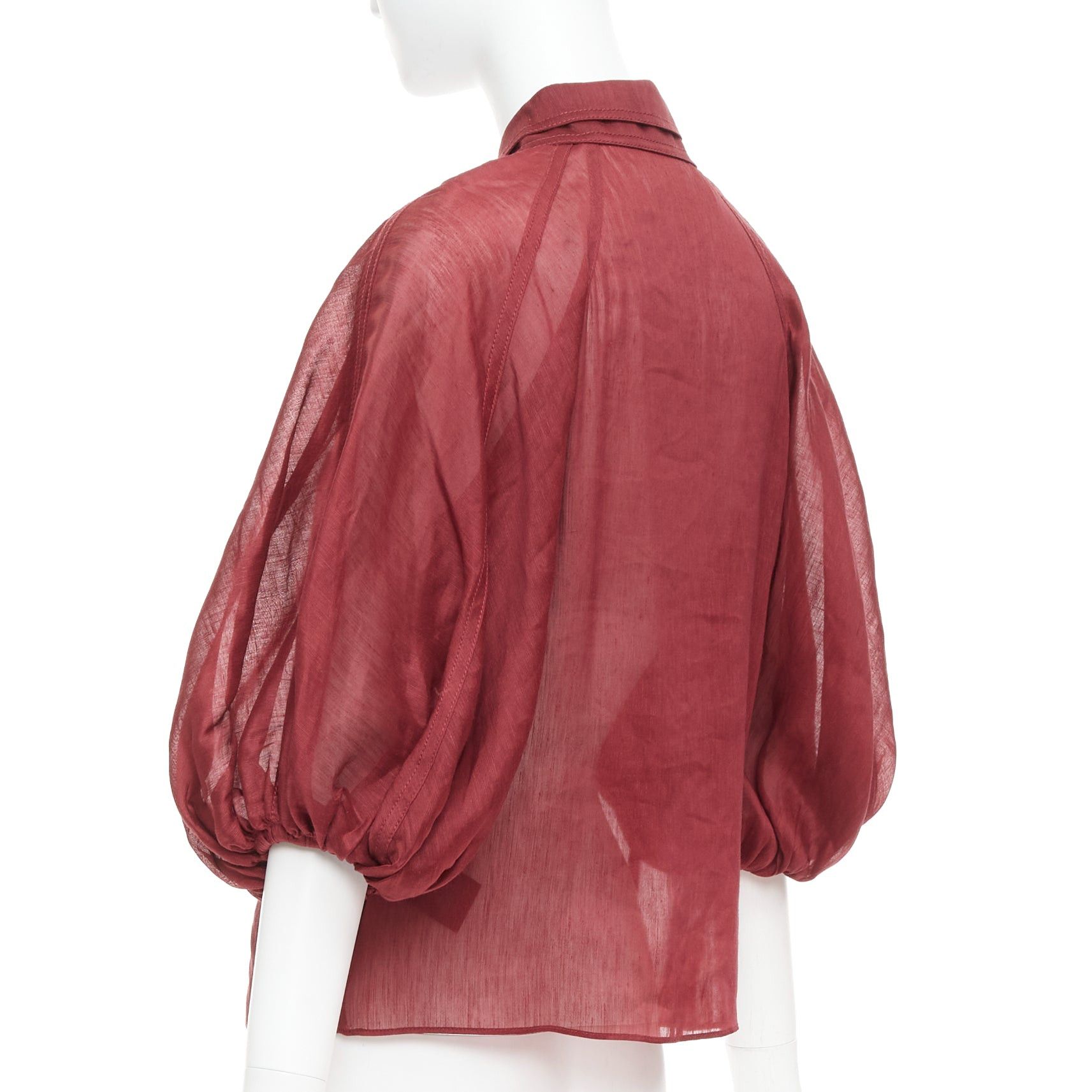 Aje AJE Palms burgundy silk linen puff sleeve raglan multi buttons shirt UK6 XS Size XS / US 0-2 / IT 36-38 - 6 Thumbnail