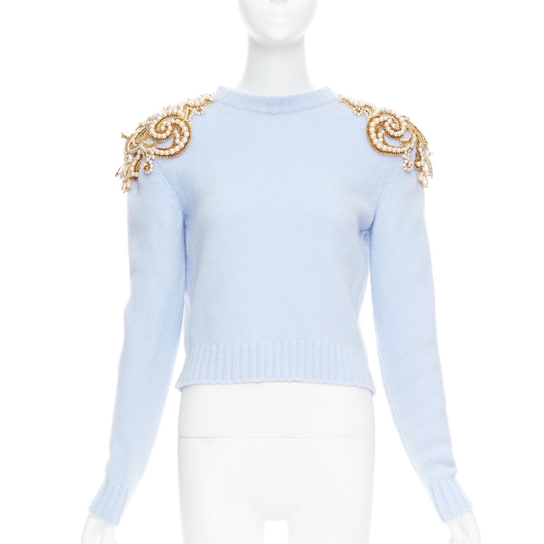 Balmain BALMAIN powder blue wool cashmere gold pearl embellished sweater FR36 S Size S / US 4 / IT 40 - 3 Thumbnail