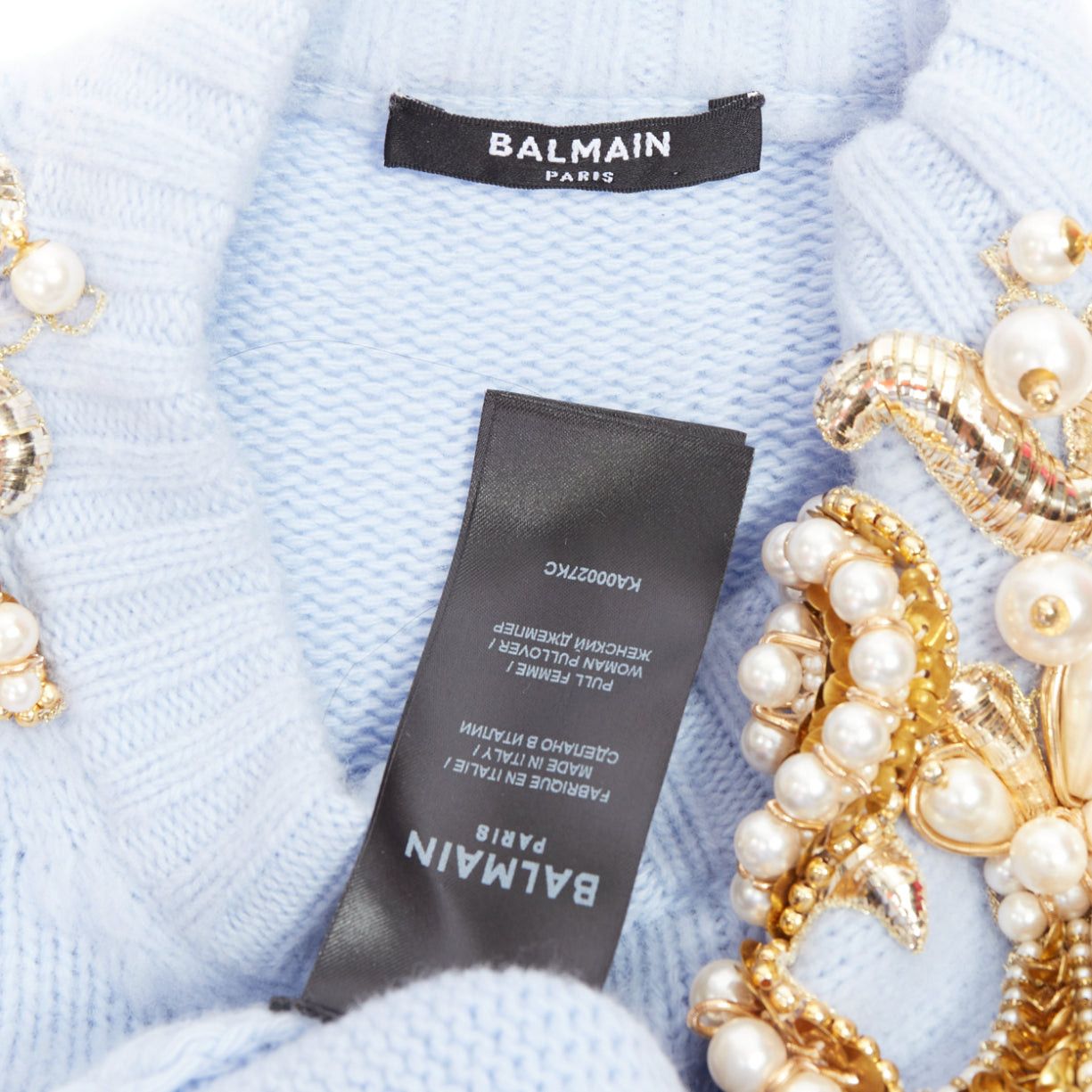 Balmain BALMAIN powder blue wool cashmere gold pearl embellished sweater FR36 S Size S / US 4 / IT 40 - 8 Thumbnail