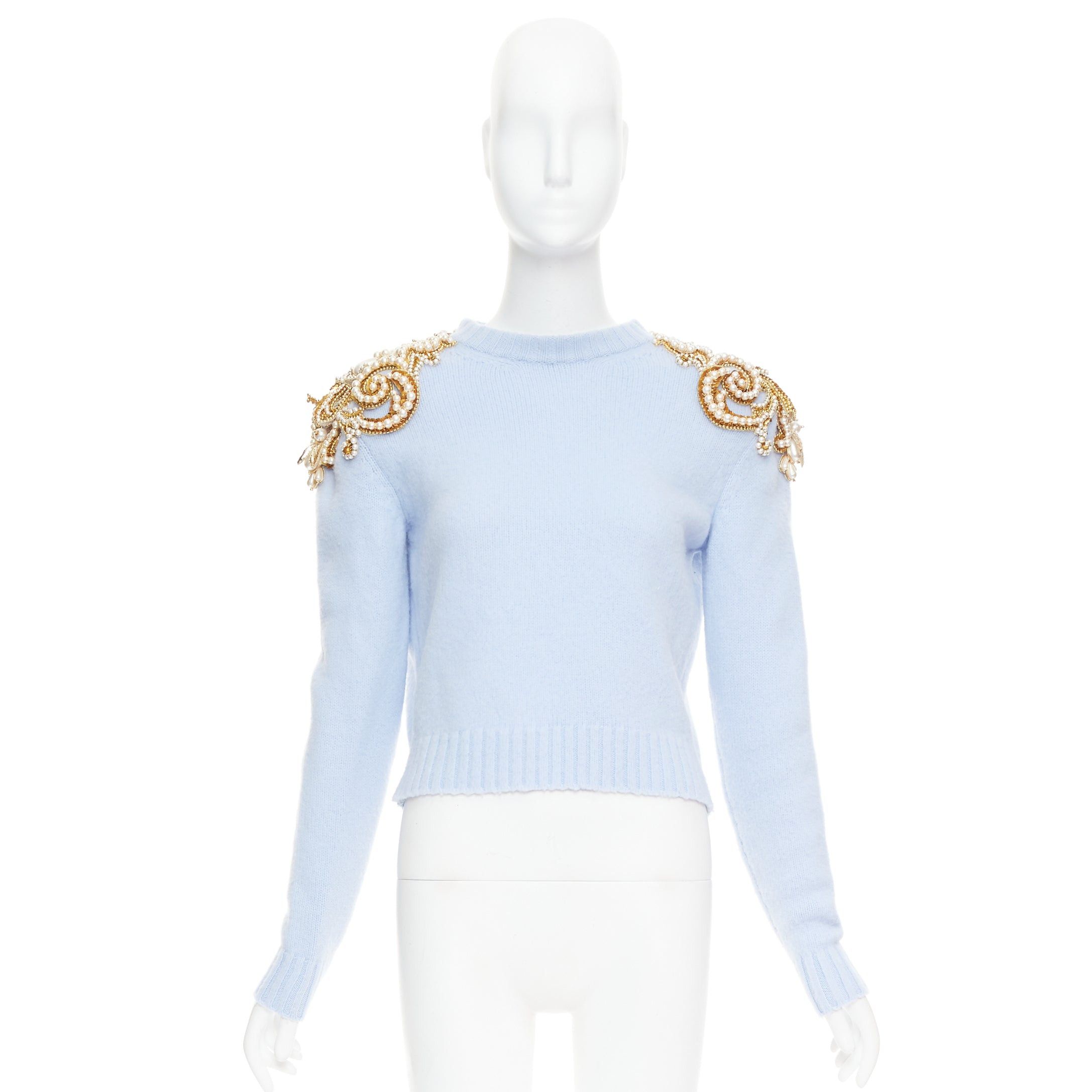 Balmain BALMAIN powder blue wool cashmere gold pearl embellished sweater FR36 S Size S / US 4 / IT 40 - 9 Thumbnail