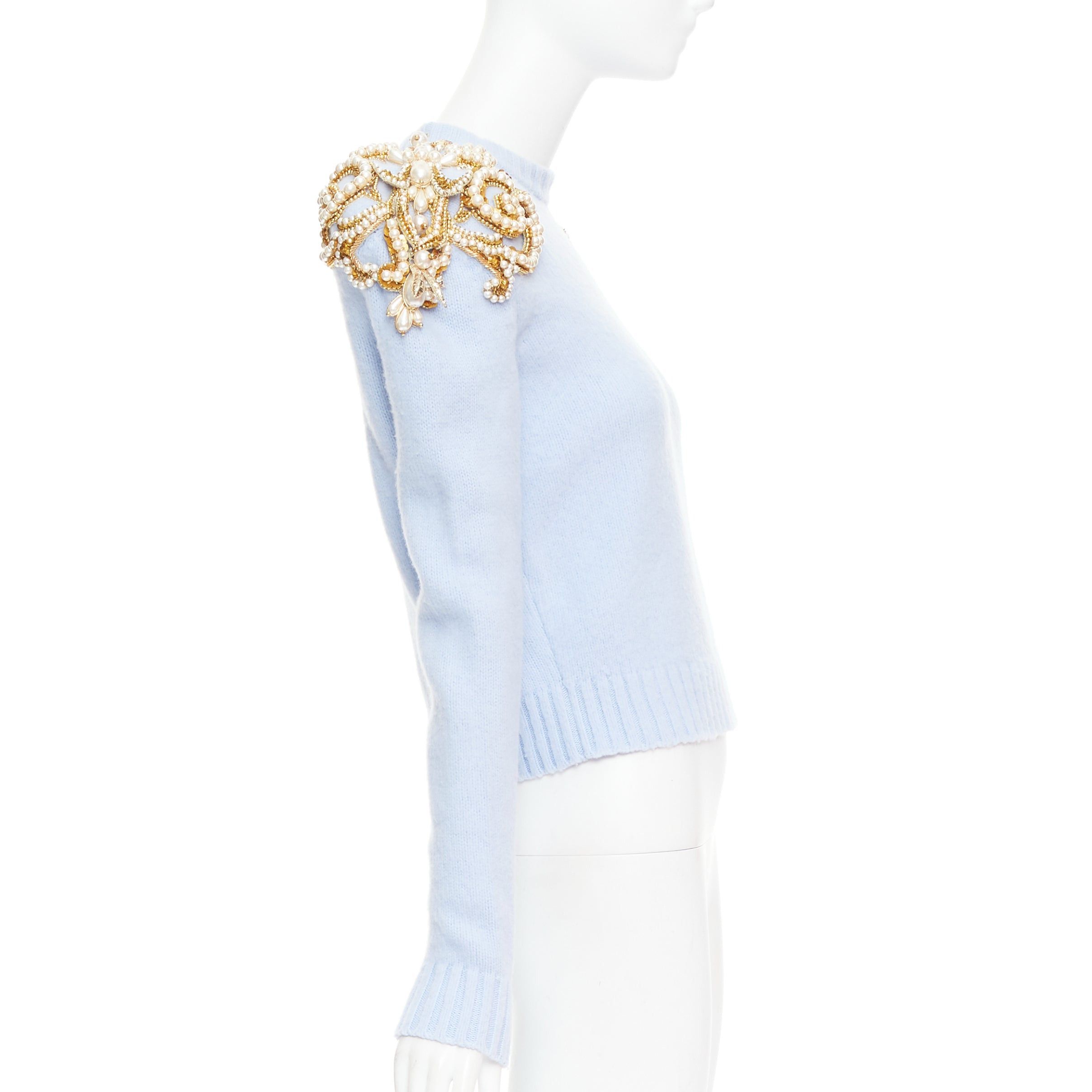 Balmain BALMAIN powder blue wool cashmere gold pearl embellished sweater FR36 S Size S / US 4 / IT 40 - 4 Thumbnail