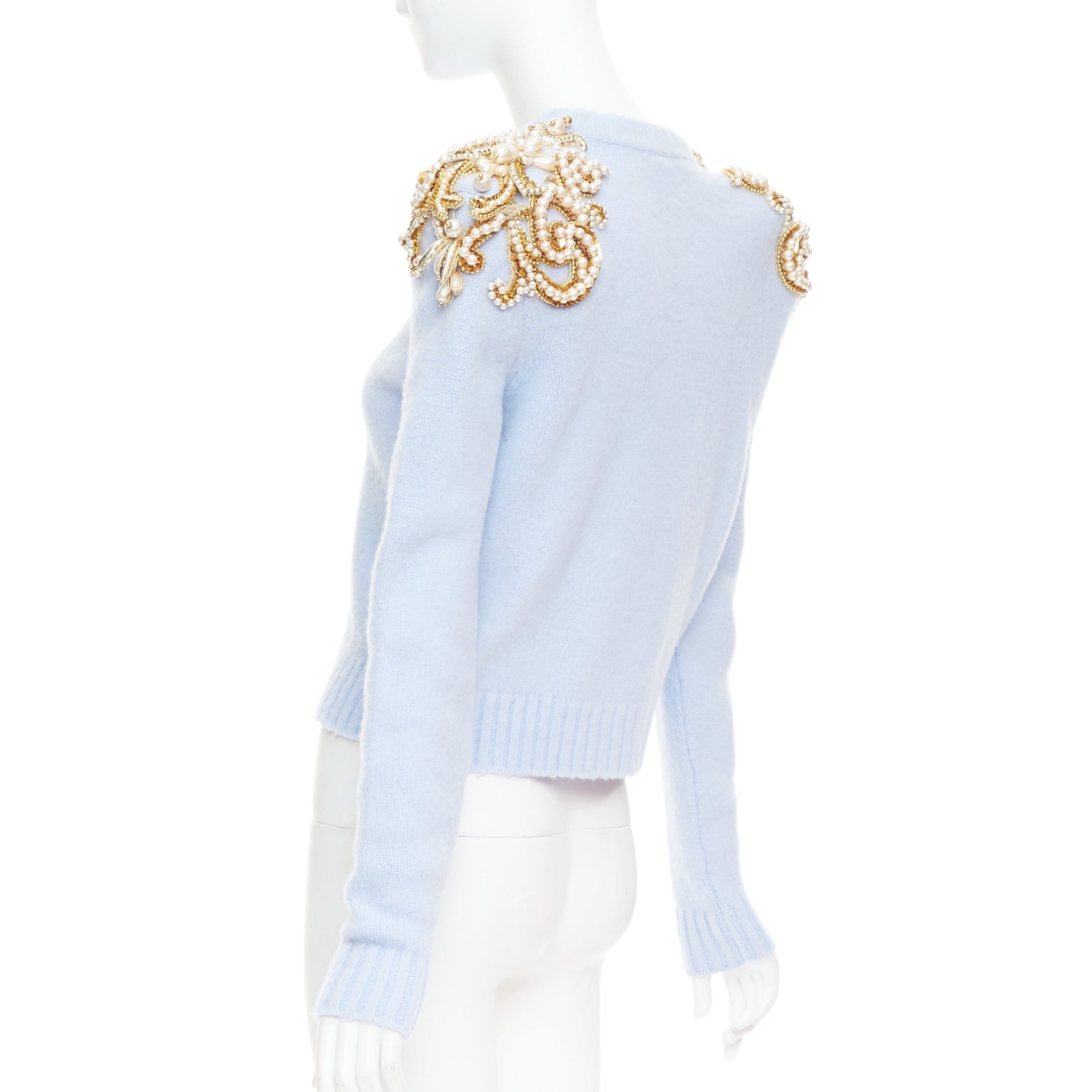 Balmain BALMAIN powder blue wool cashmere gold pearl embellished sweater FR36 S Size S / US 4 / IT 40 - 6 Thumbnail
