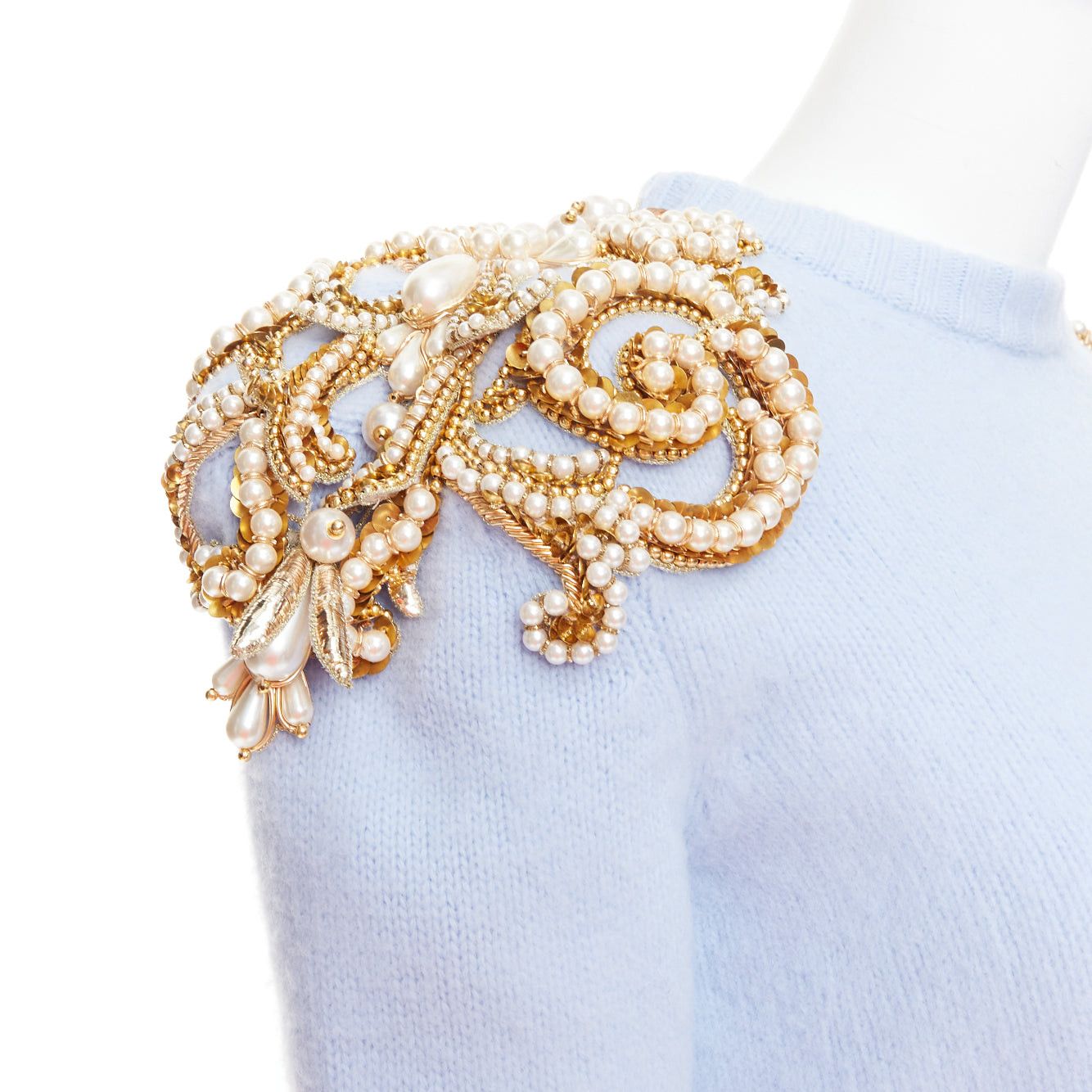 Balmain BALMAIN powder blue wool cashmere gold pearl embellished sweater FR36 S Size S / US 4 / IT 40 - 2 Thumbnail