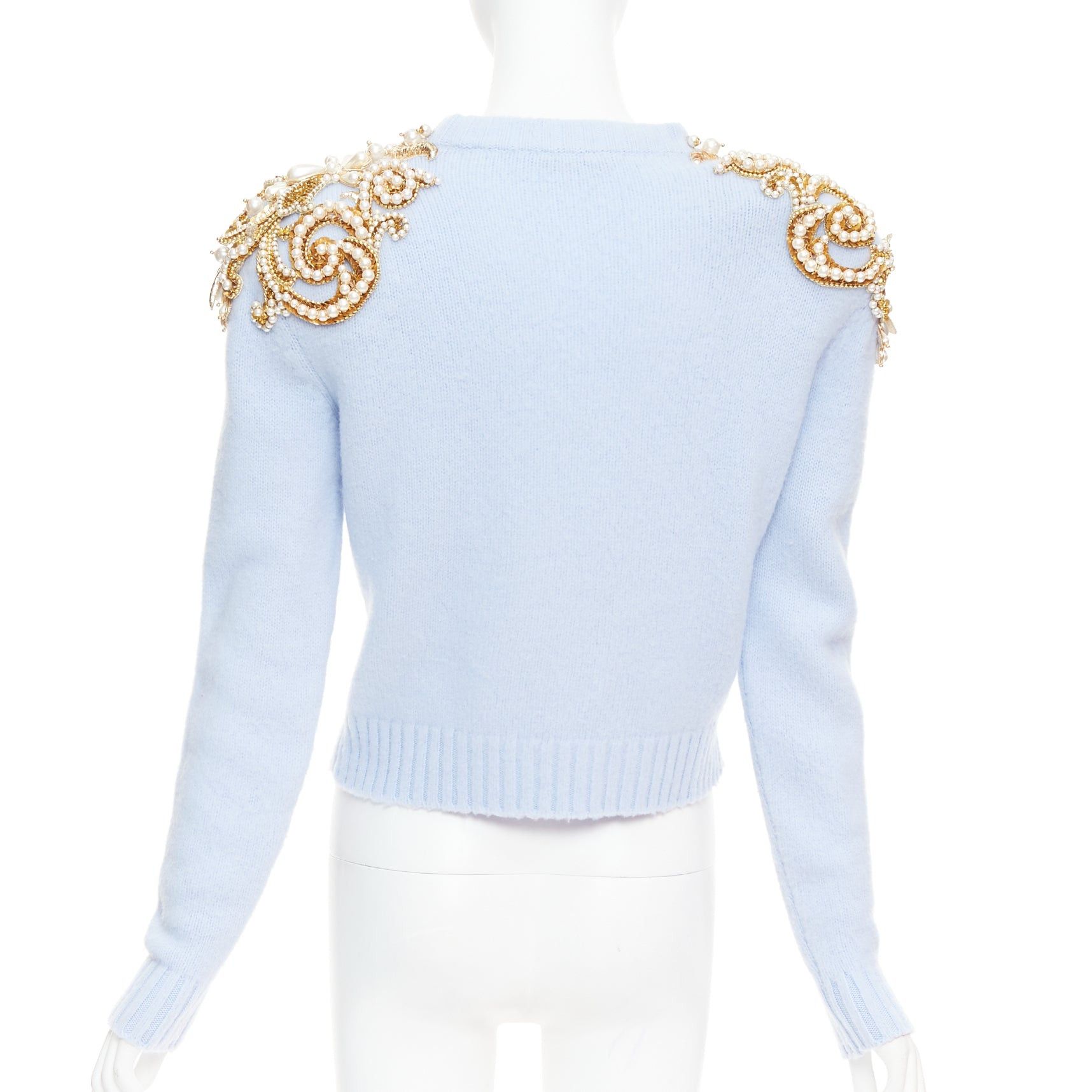 Balmain BALMAIN powder blue wool cashmere gold pearl embellished sweater FR36 S Size S / US 4 / IT 40 - 5 Thumbnail