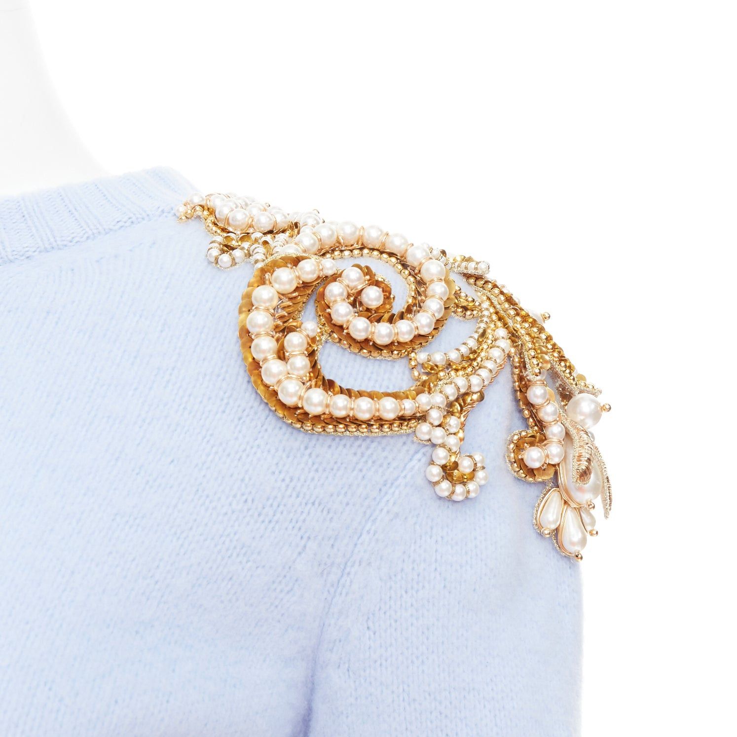Balmain BALMAIN powder blue wool cashmere gold pearl embellished sweater FR36 S Size S / US 4 / IT 40 - 7 Thumbnail