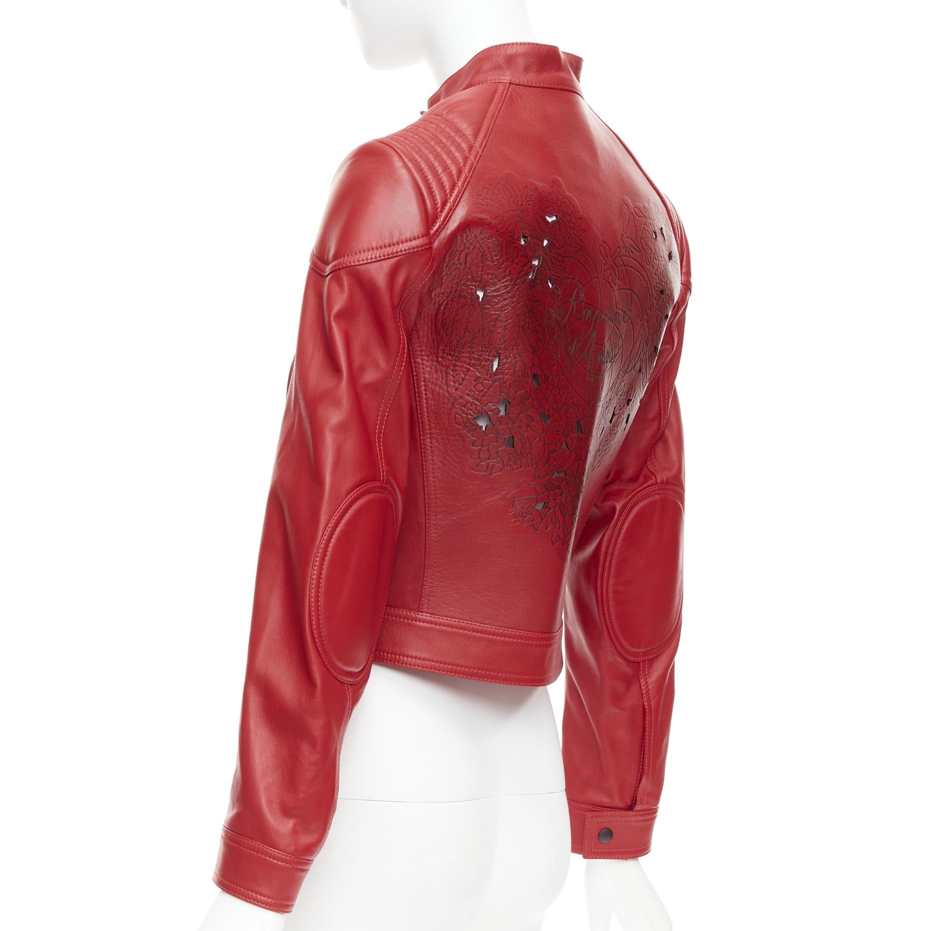 Dior DIOR Royaume d'Amour red leather laser cut moto biker jacket FR34 XS Size XS / US 0-2 / IT 36-38 - 6 Thumbnail
