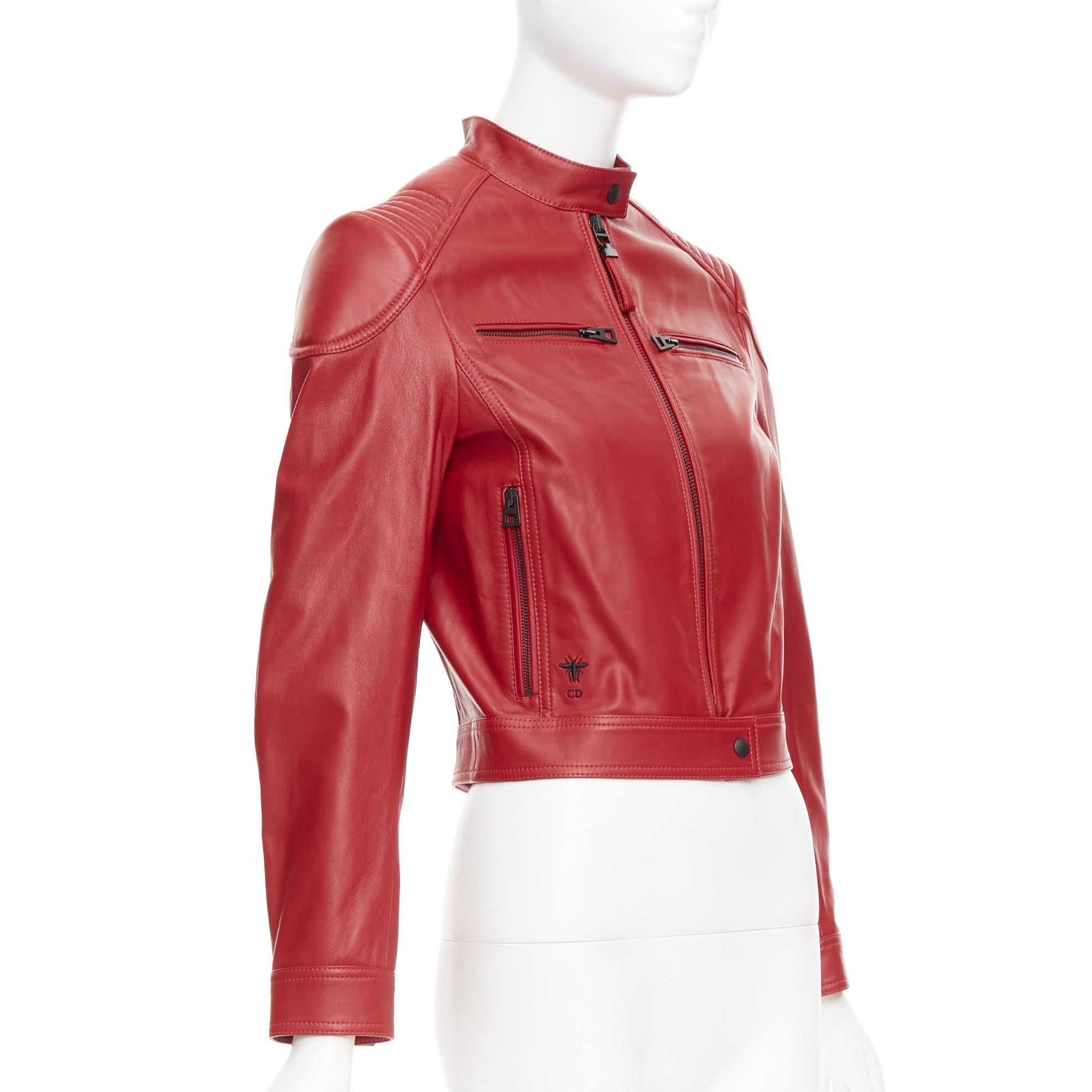 Dior DIOR Royaume d'Amour red leather laser cut moto biker jacket FR34 XS Size XS / US 0-2 / IT 36-38 - 4 Thumbnail