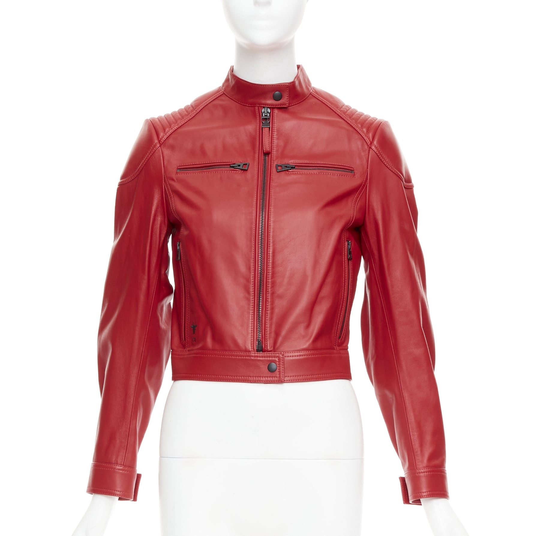 Dior DIOR Royaume d'Amour red leather laser cut moto biker jacket FR34 XS Size XS / US 0-2 / IT 36-38 - 2 Thumbnail
