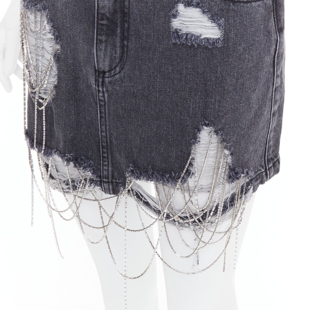 Other MARK GONG grey denim distressed beaded fringe mini skirt IT36 XXS Size 25" / US 0 / IT 36 - 7 Thumbnail