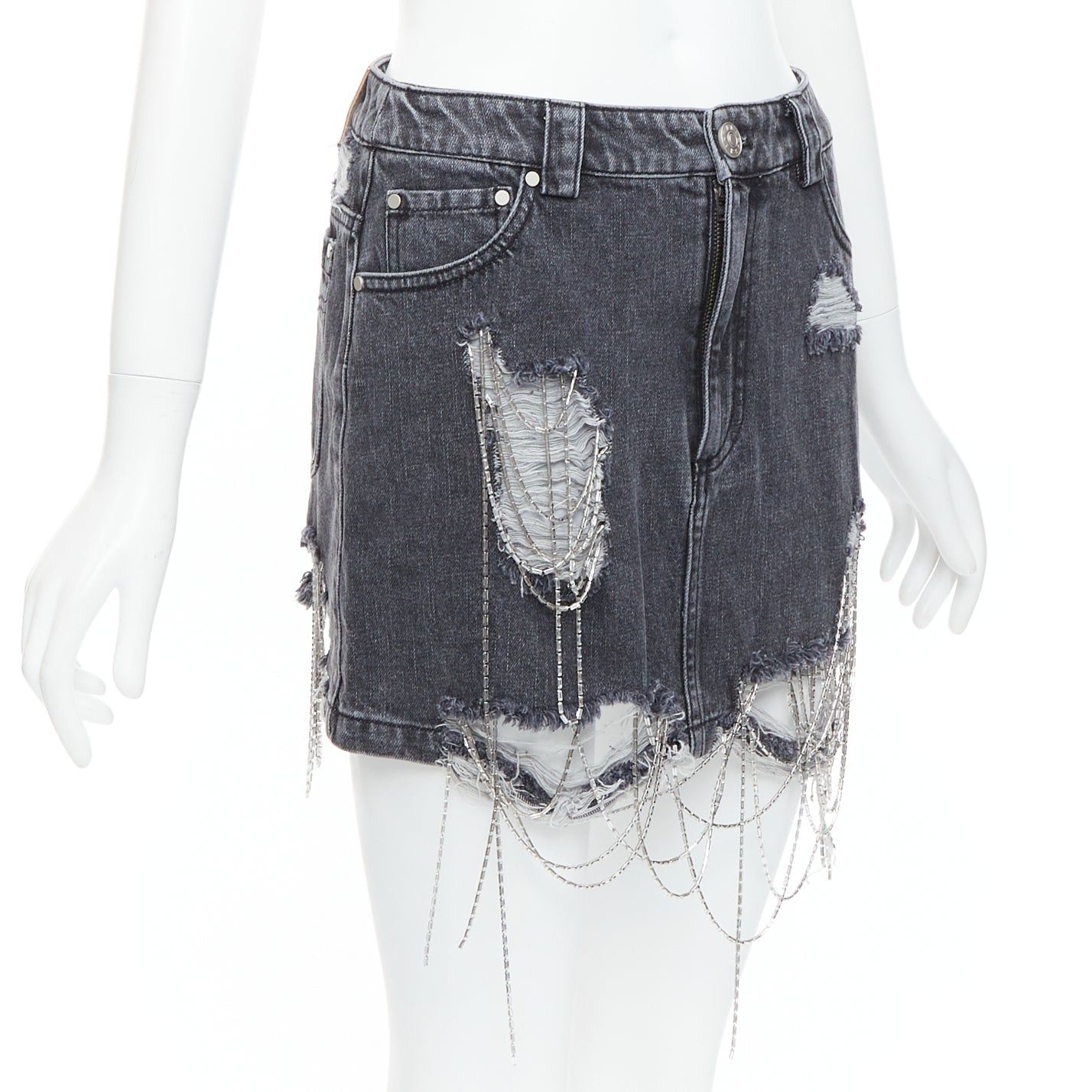 Other MARK GONG grey denim distressed beaded fringe mini skirt IT36 XXS Size 25" / US 0 / IT 36 - 3 Thumbnail