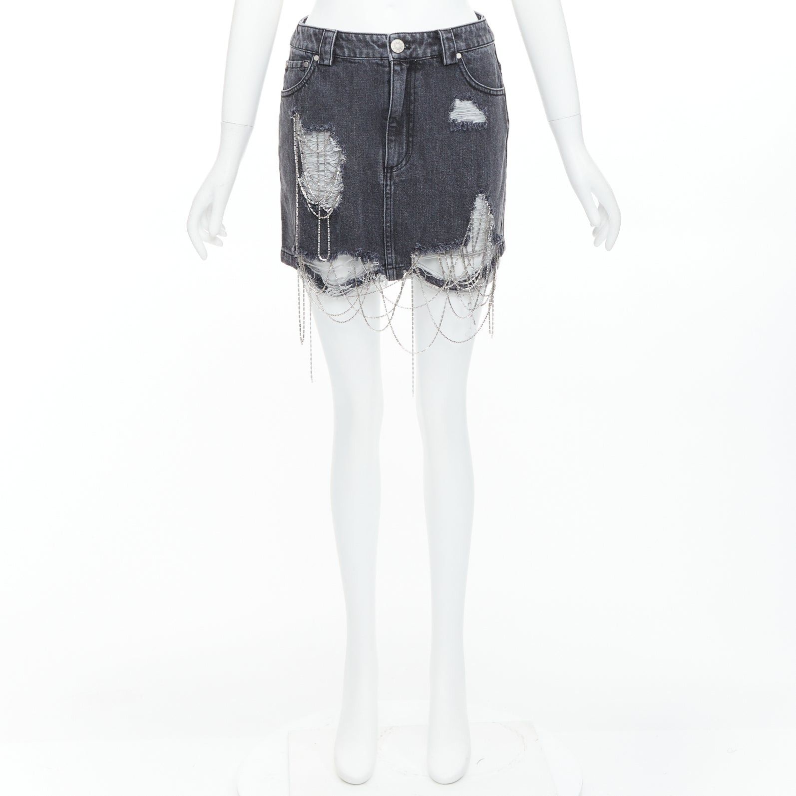 Other MARK GONG grey denim distressed beaded fringe mini skirt IT36 XXS Size 25" / US 0 / IT 36 - 9 Thumbnail