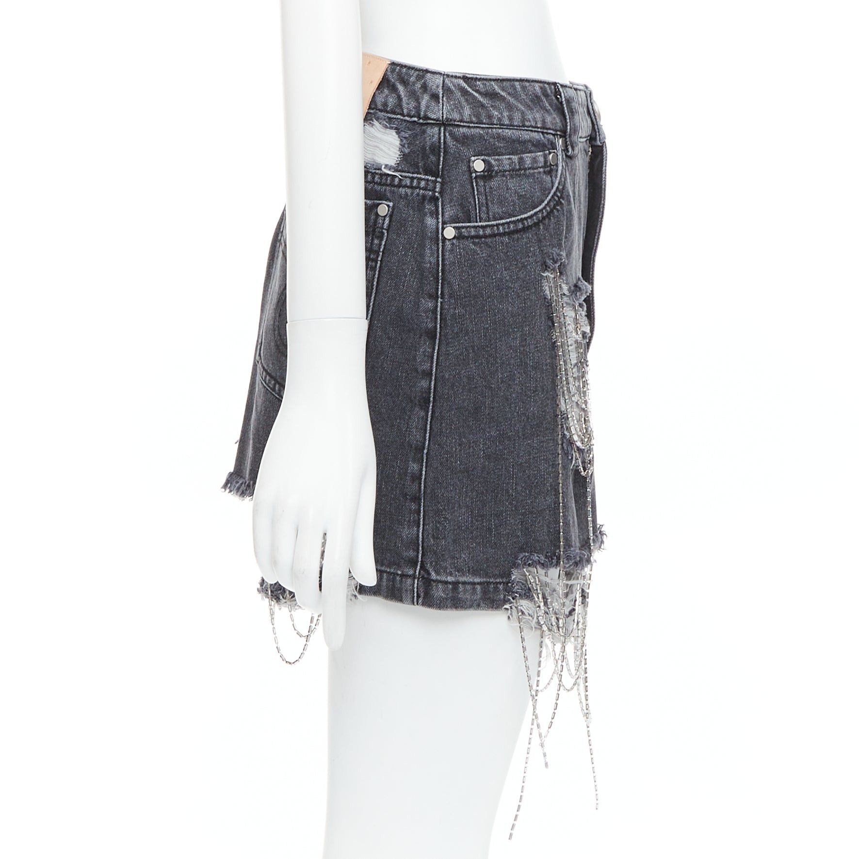 Other MARK GONG grey denim distressed beaded fringe mini skirt IT36 XXS Size 25" / US 0 / IT 36 - 4 Thumbnail