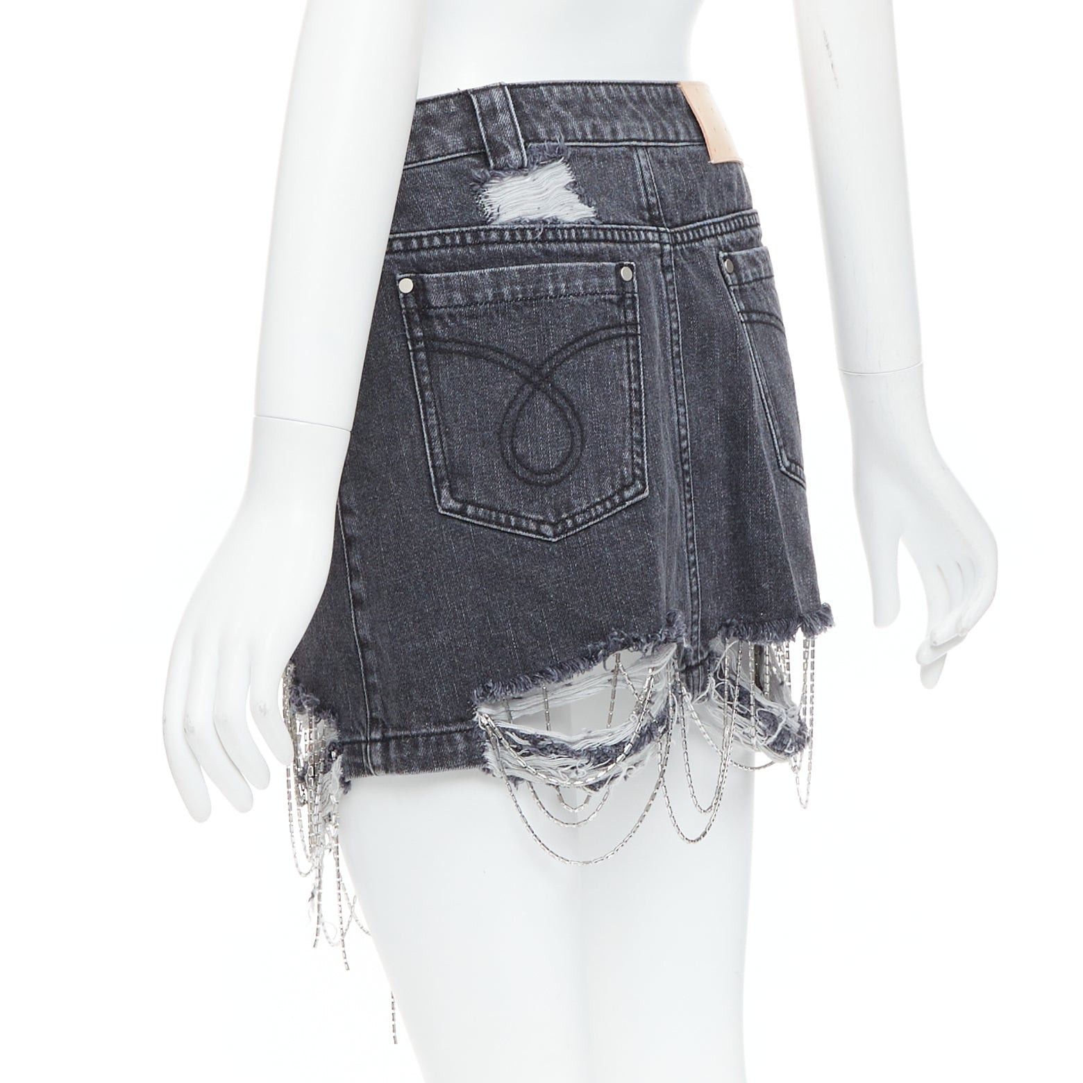 Other MARK GONG grey denim distressed beaded fringe mini skirt IT36 XXS Size 25" / US 0 / IT 36 - 6 Thumbnail