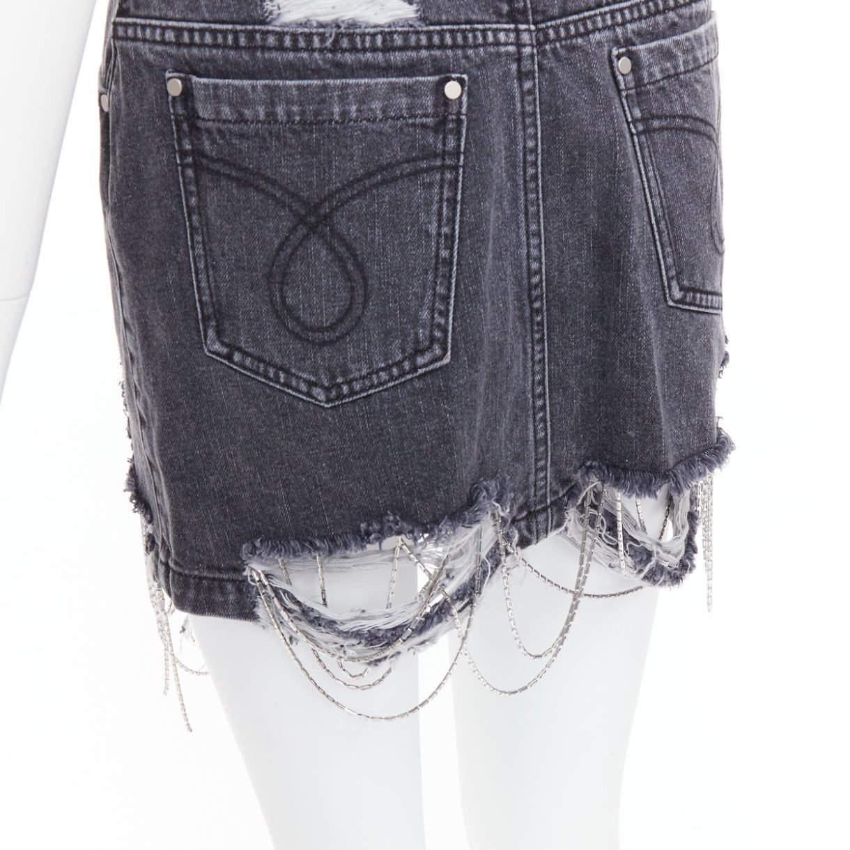 Other MARK GONG grey denim distressed beaded fringe mini skirt IT36 XXS Size 25" / US 0 / IT 36 - 2 Thumbnail