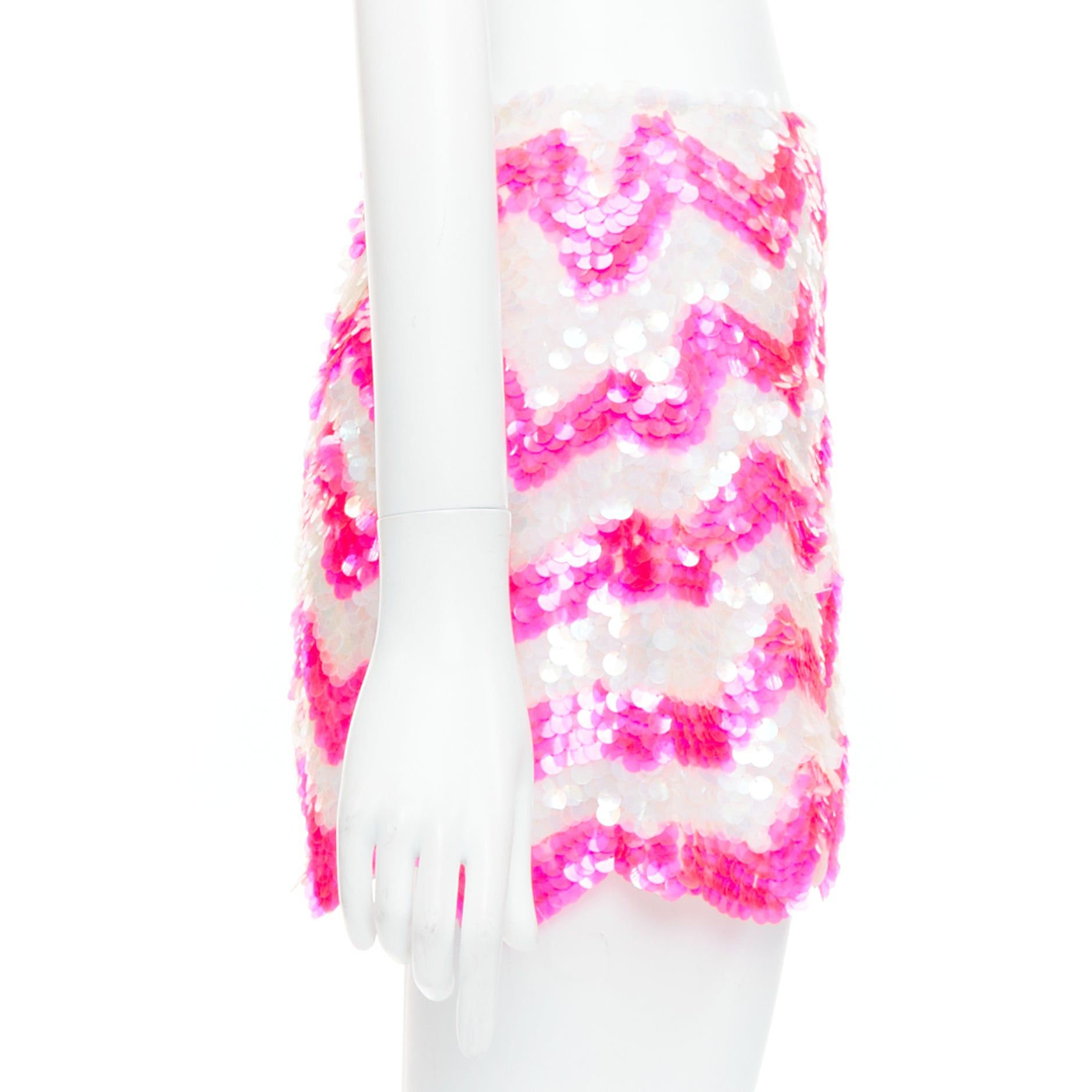 ASHISH ASHISH white neon hot pink chevron paillettes sequin mini skirt XS Size 26" / US 2 / IT 38 - 4 Thumbnail