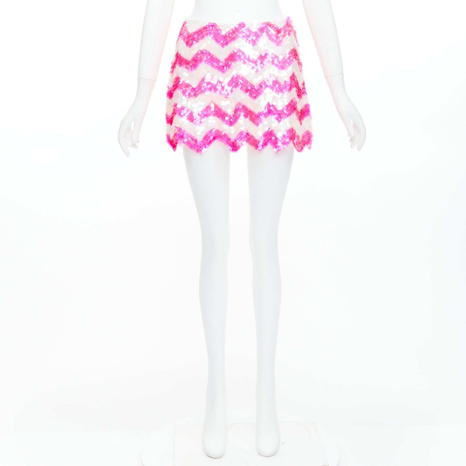ASHISH ASHISH white neon hot pink chevron paillettes sequin mini skirt XS Size 26" / US 2 / IT 38 - 9 Thumbnail