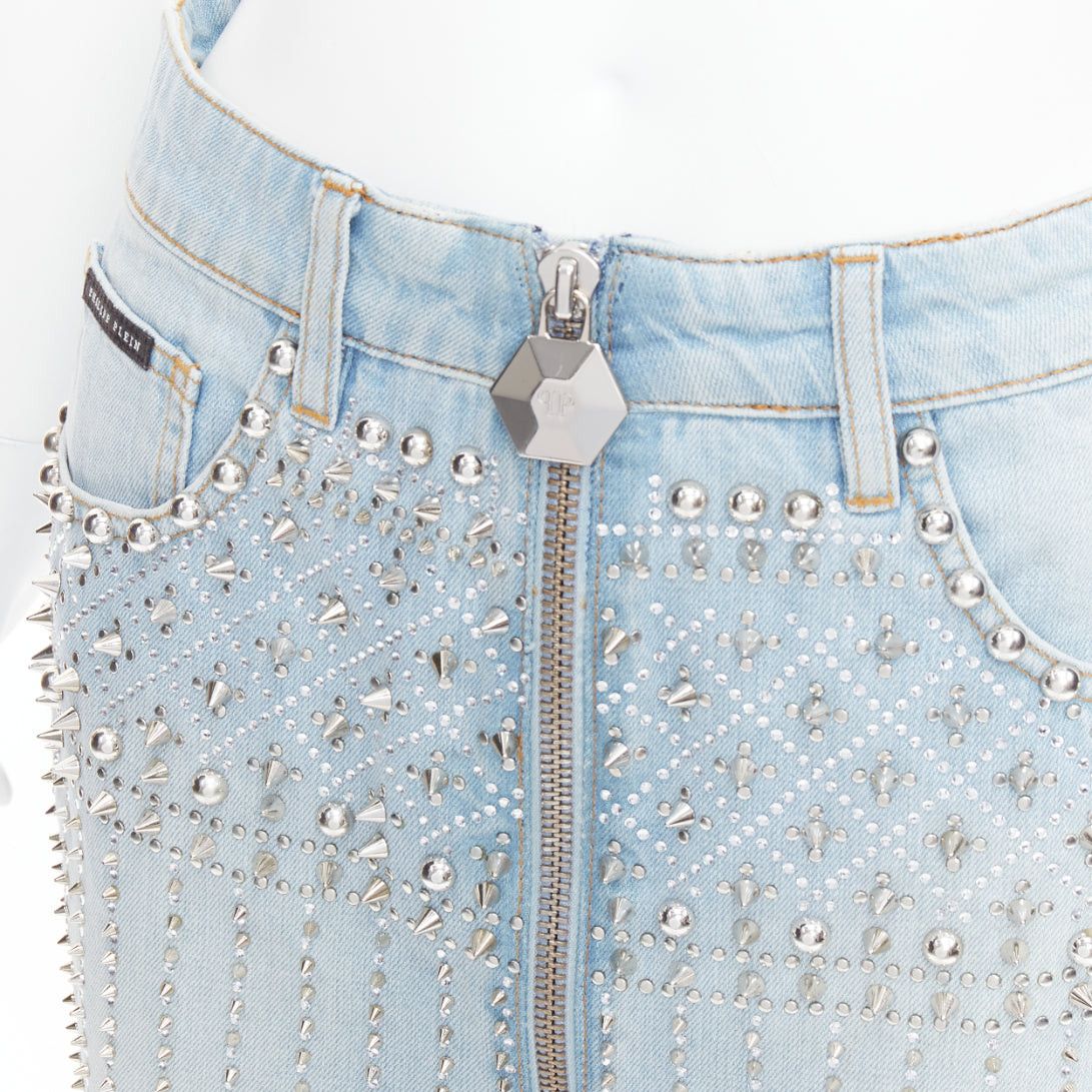 Philipp Plein PHILLIP PLEIN New Skirt blue cotton stud crystal front zip skirt 25" Size 25" / US 0 / IT 36 - 2 Thumbnail