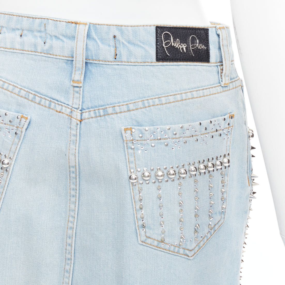 Philipp Plein PHILLIP PLEIN New Skirt blue cotton stud crystal front zip skirt 25" Size 25" / US 0 / IT 36 - 7 Thumbnail